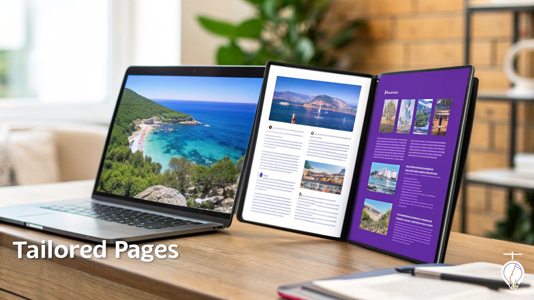 A laptop and a digital tablet display custom pages with travel photos on a wooden desk.