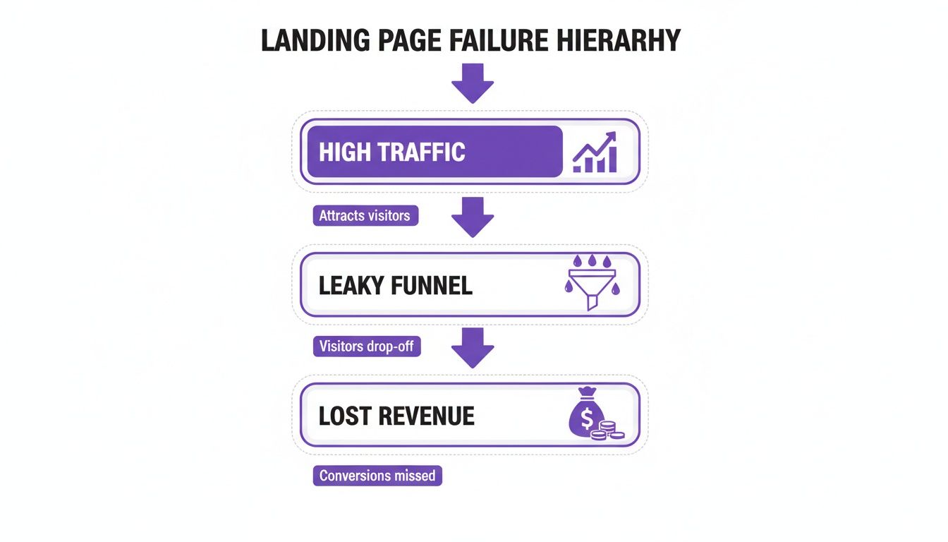 Flowchart showing landing page failure hierarchy: high traffic, leaky funnel, and lost revenue.