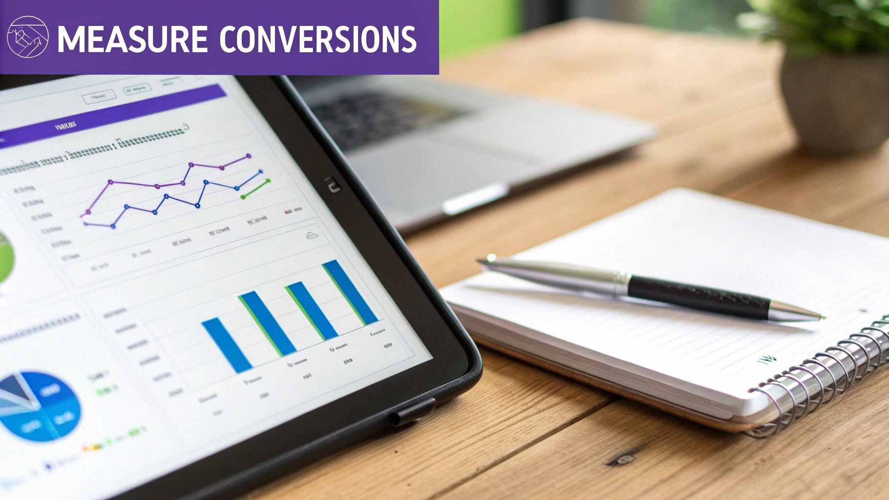A tablet displaying various conversion charts and graphs on a wooden desk, with a pen and notebook.