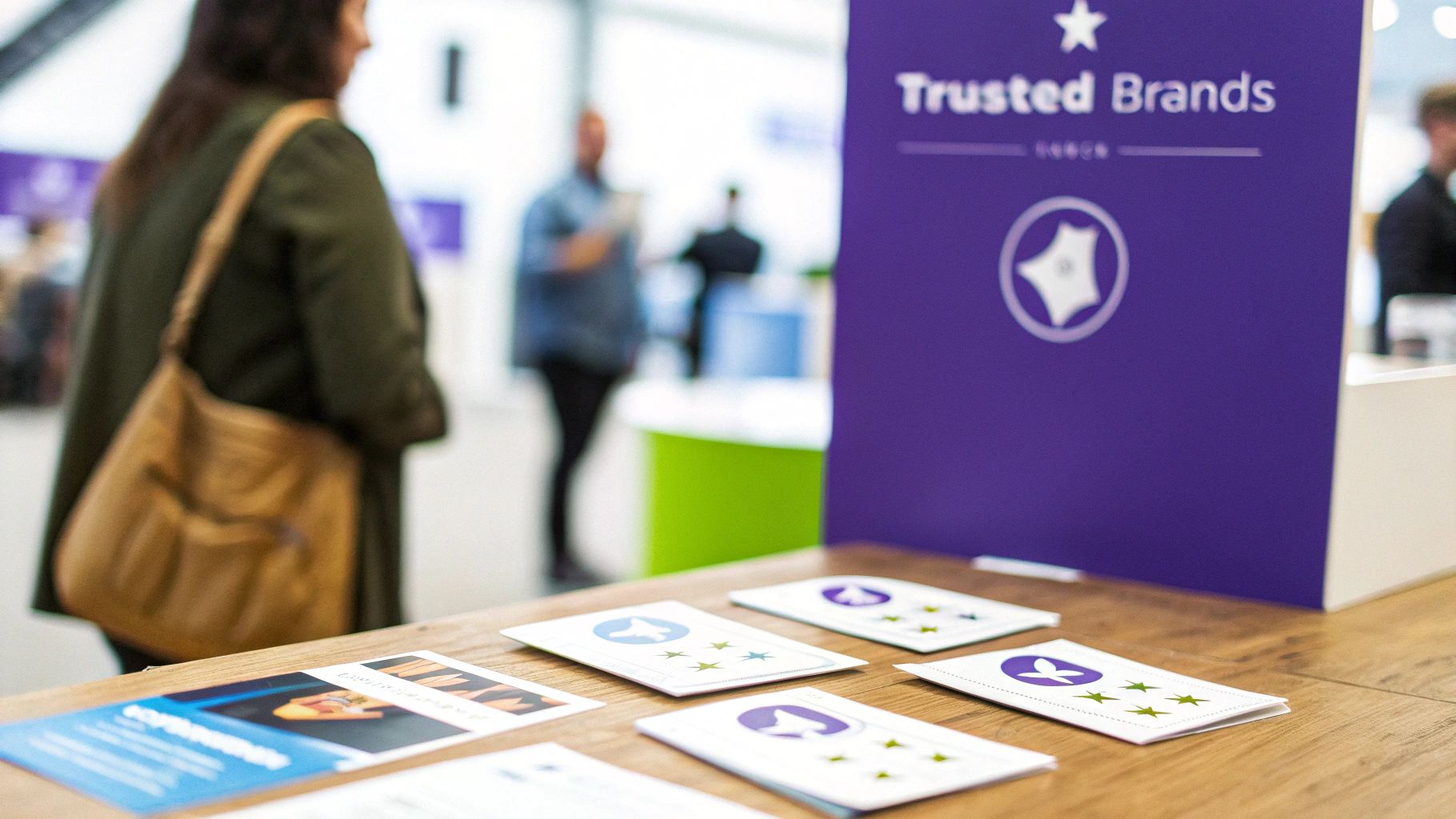 A purple 'Trusted Brands' booth with cards and brochures on a wooden table at a busy event.