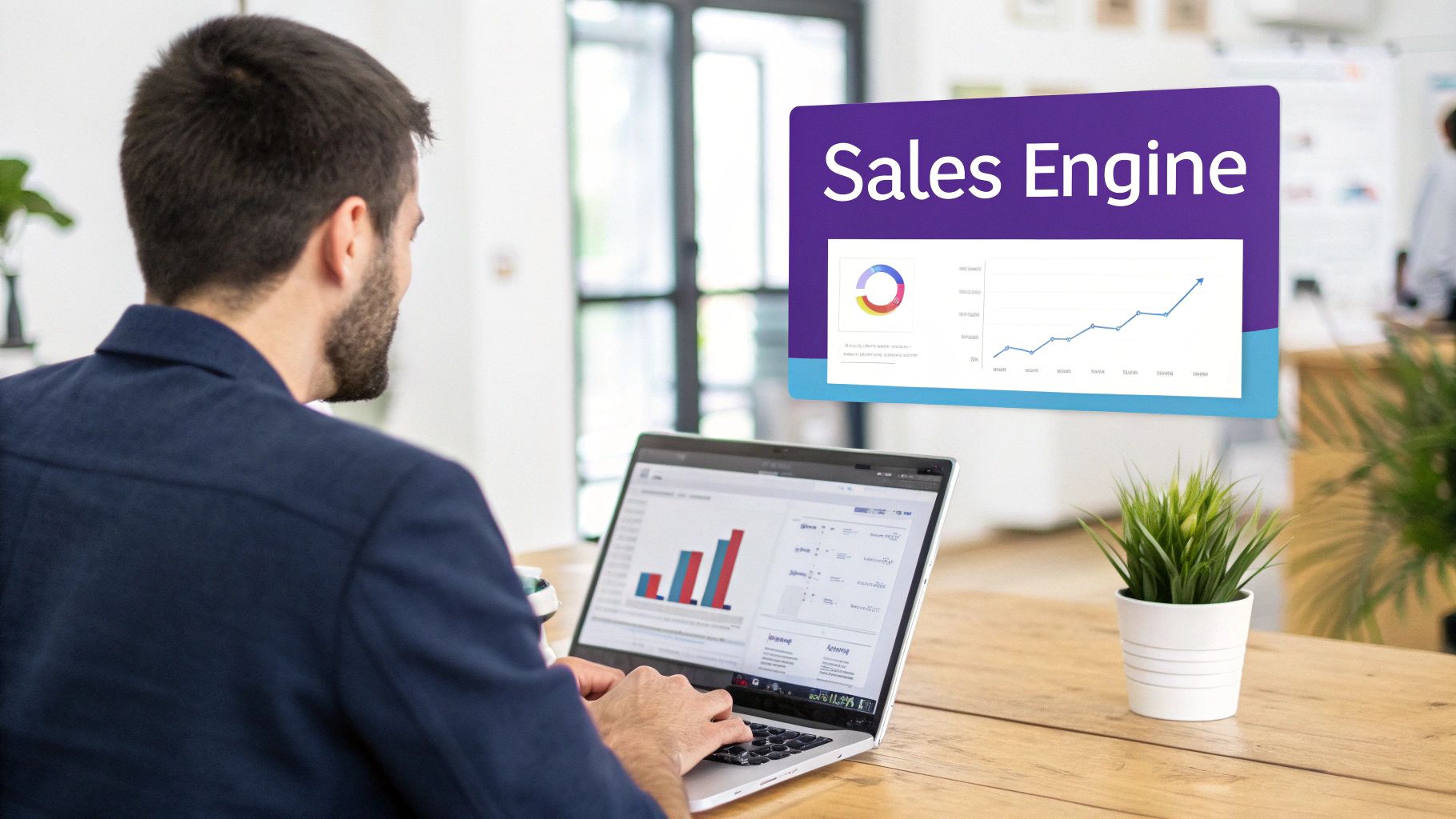 Man working on a laptop displaying charts, with a 'Sales Engine' overlay showing business growth.