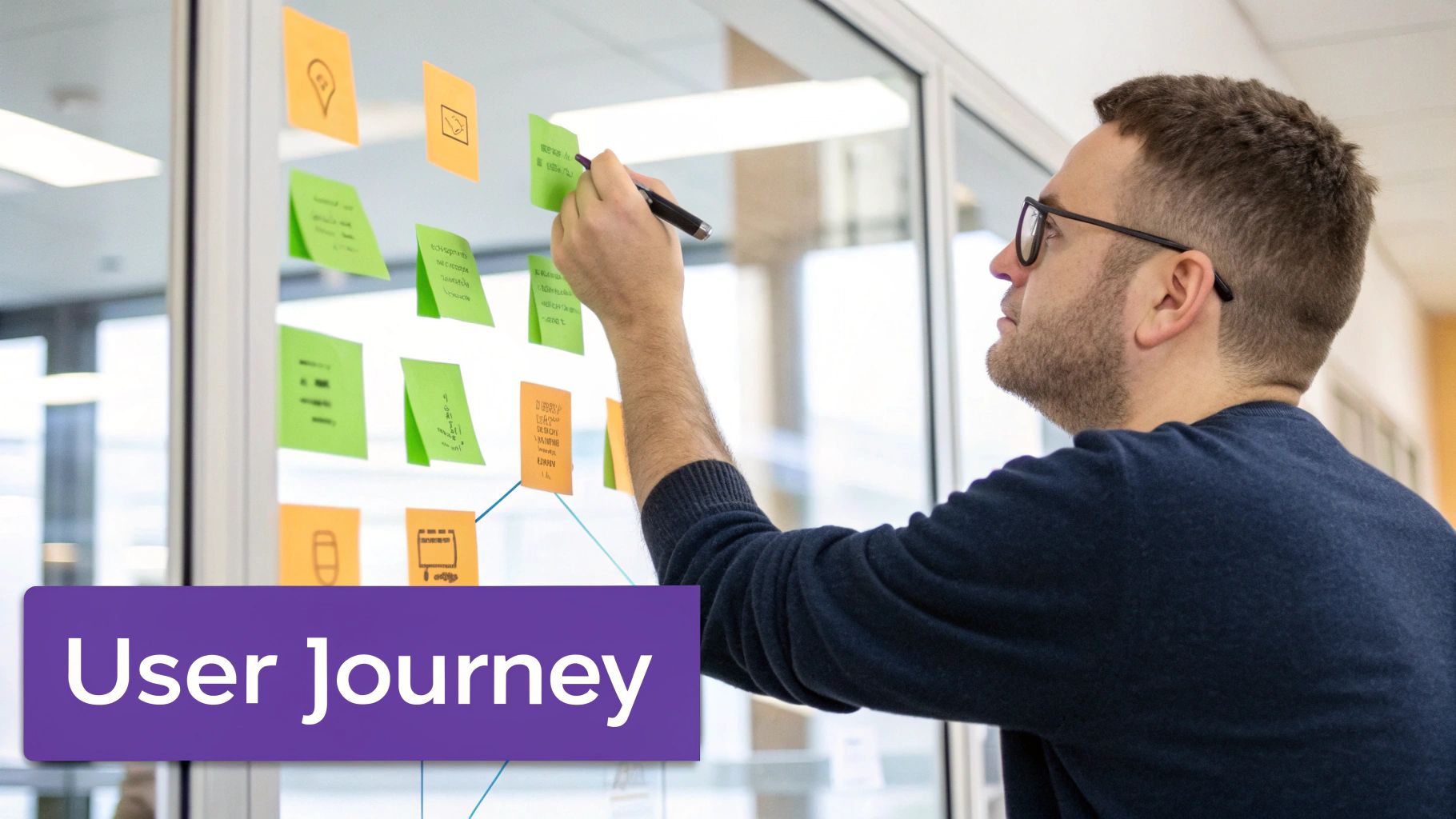 A man in glasses writes on a green sticky note during a user journey mapping session.