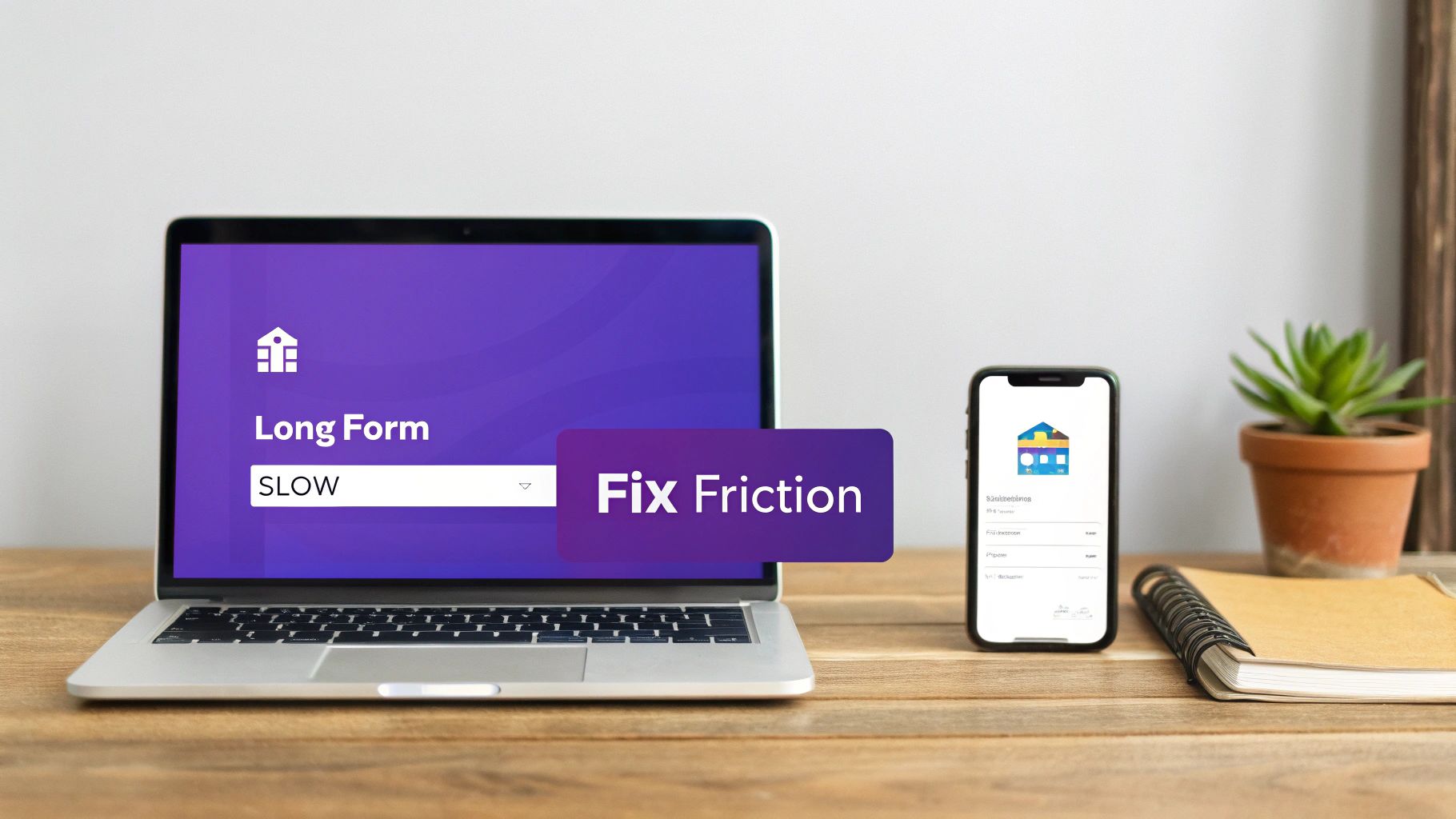 Laptop and smartphone on a desk, illustrating 'Fix Friction' for slow 'Long Form' processes.