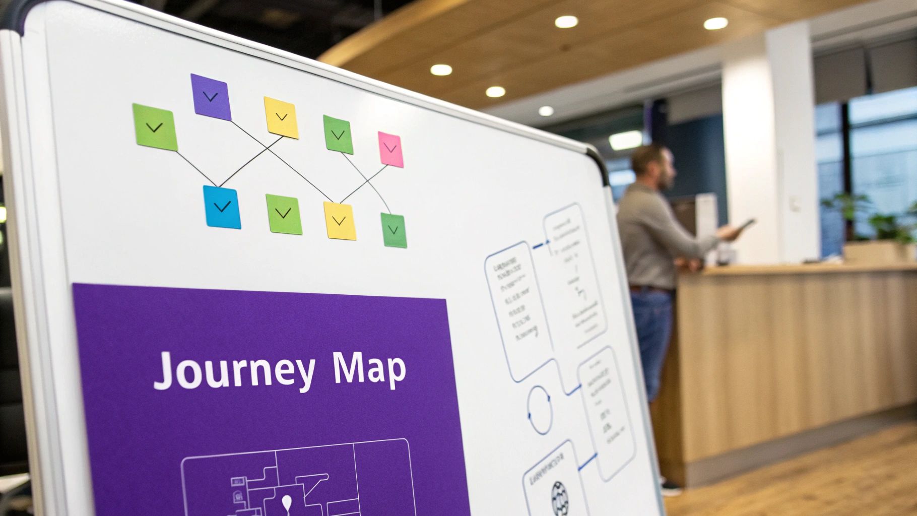 A whiteboard displays a colorful journey map diagram with sticky notes, a flowchart, and a 'Journey Map' title.