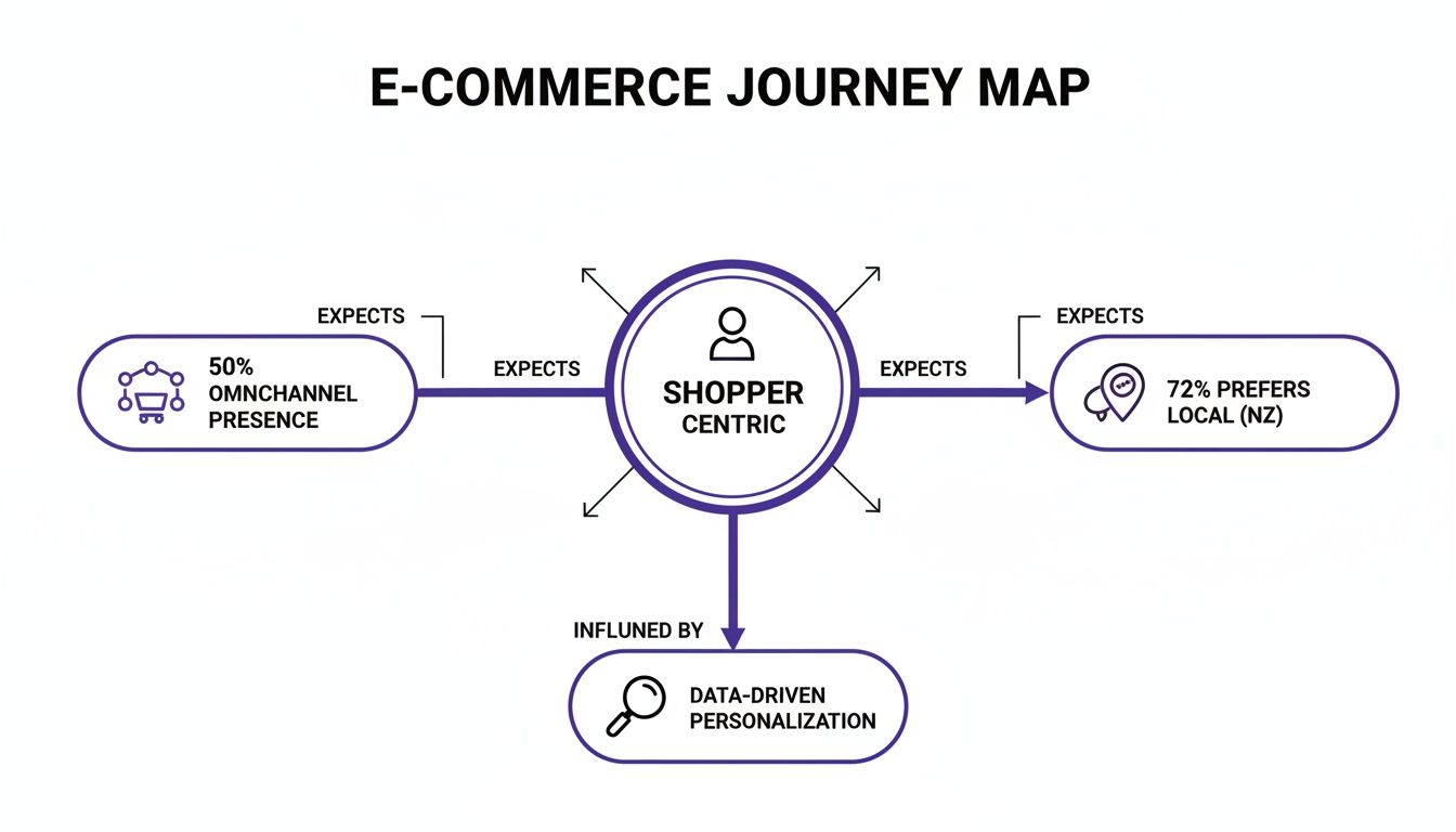 E-commerce journey map showing shopper expectations: omnichannel presence, local preference, and data personalization.