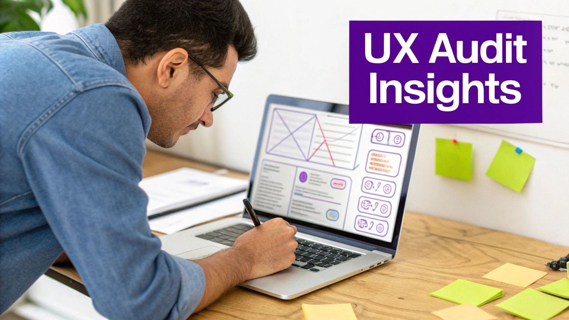 Man in glasses working on a laptop displaying UX audit insights and wireframes.