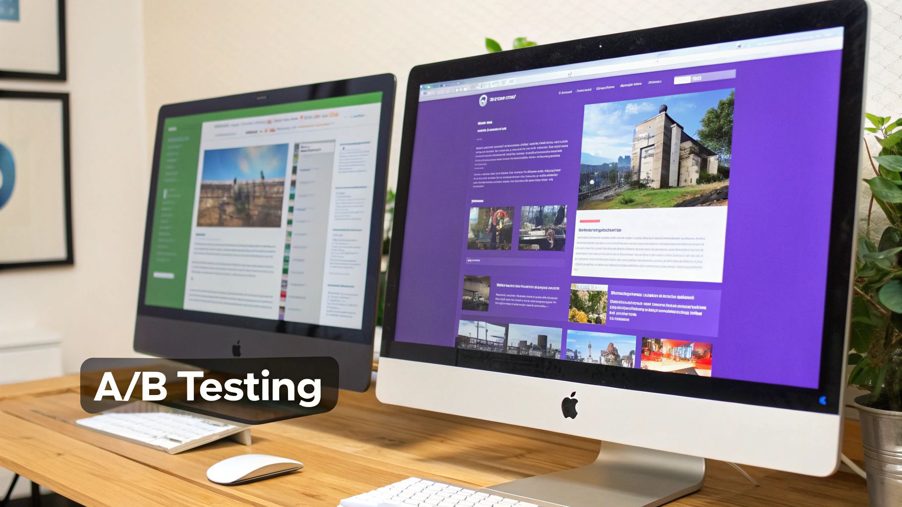 Two desktop computers on a wooden desk showing different website designs for A/B testing.