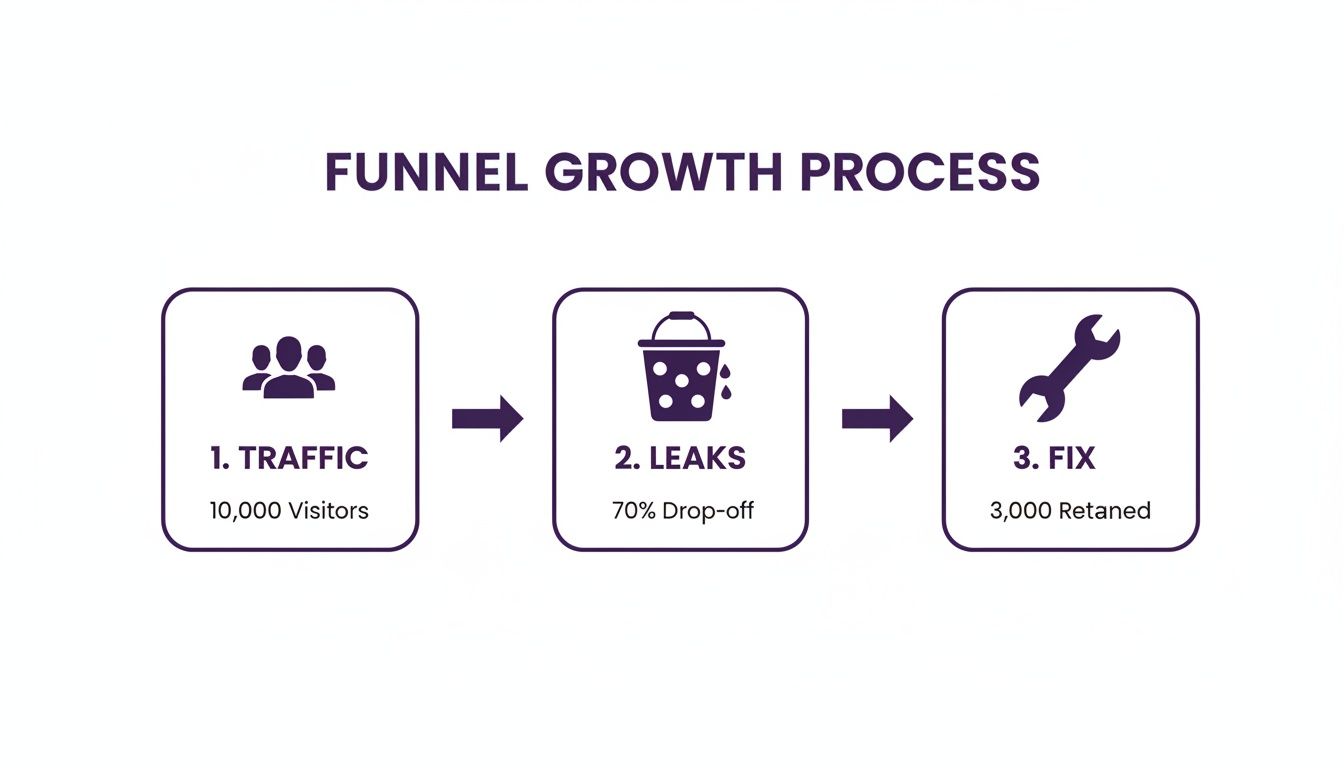 Infographic showing a funnel growth process with steps for traffic, leaks (drop-off), and fixing to retain visitors.