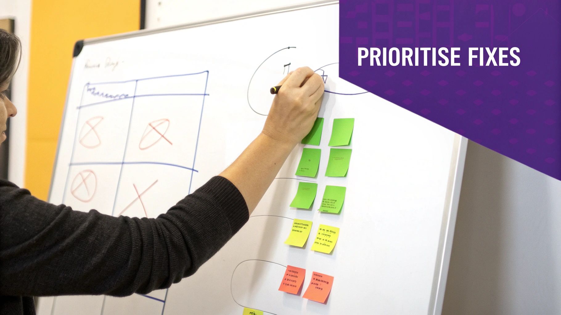 A person writing on a whiteboard, prioritizing tasks with colorful sticky notes and diagrams.