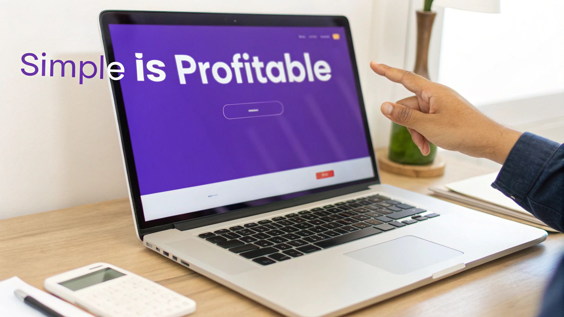 A person points at a laptop displaying 'Simple is Profitable' on a purple screen, with a calculator and pen on the desk.
