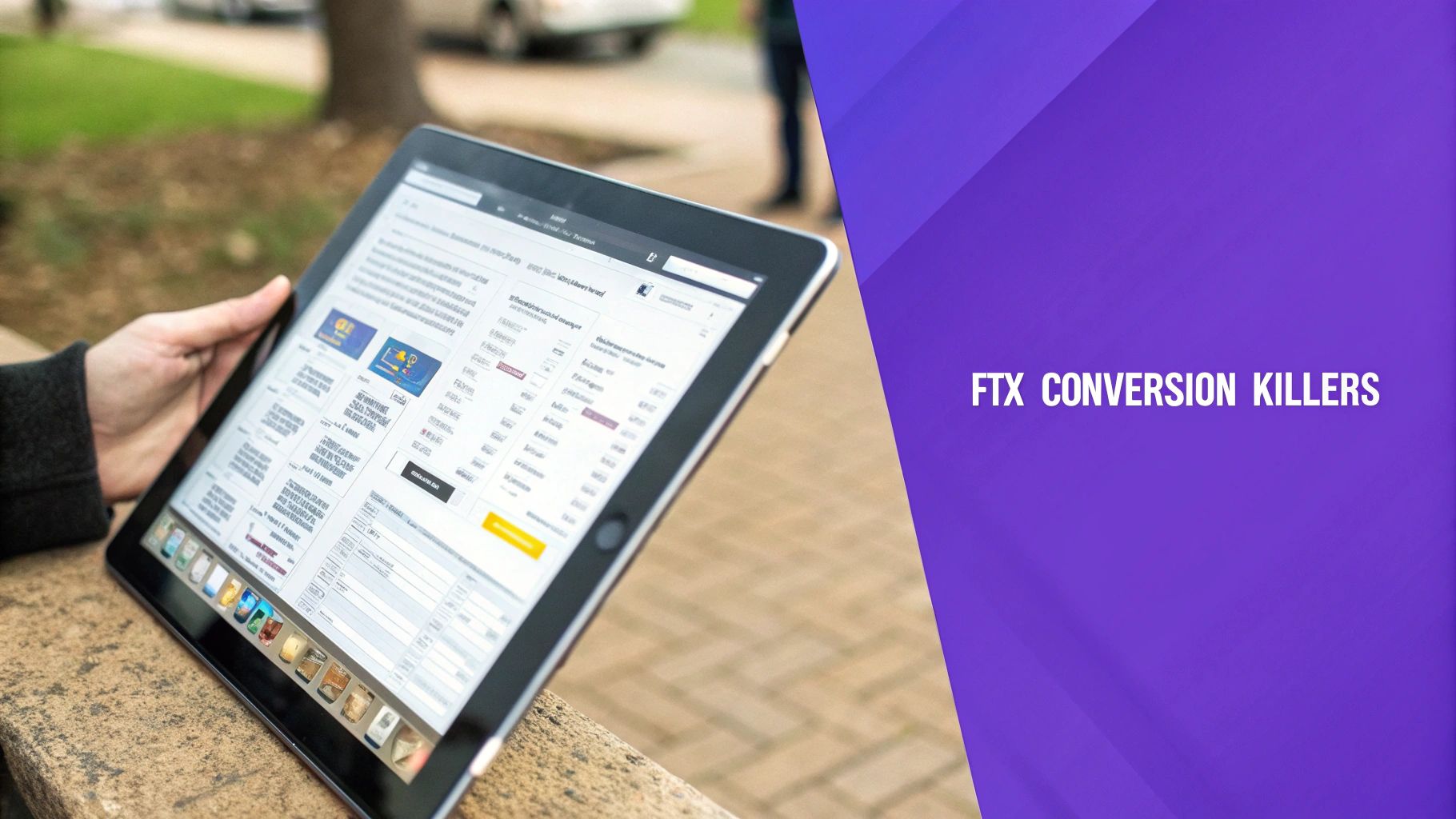 A person holds a tablet displaying a complex website with text and images, set outdoors on a stone ledge.