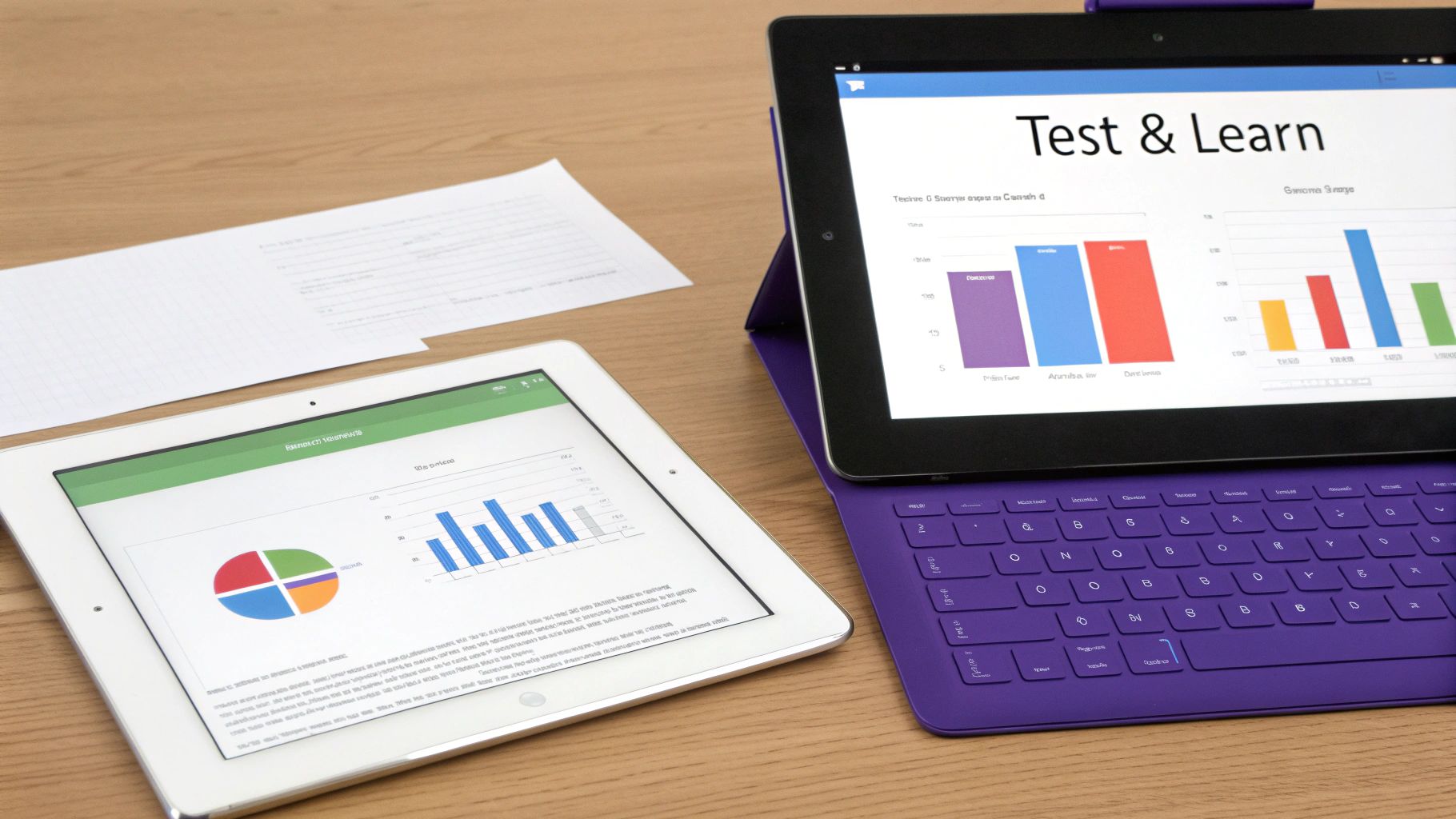 Two tablets displaying colorful business charts and graphs on a wooden desk with a paper.