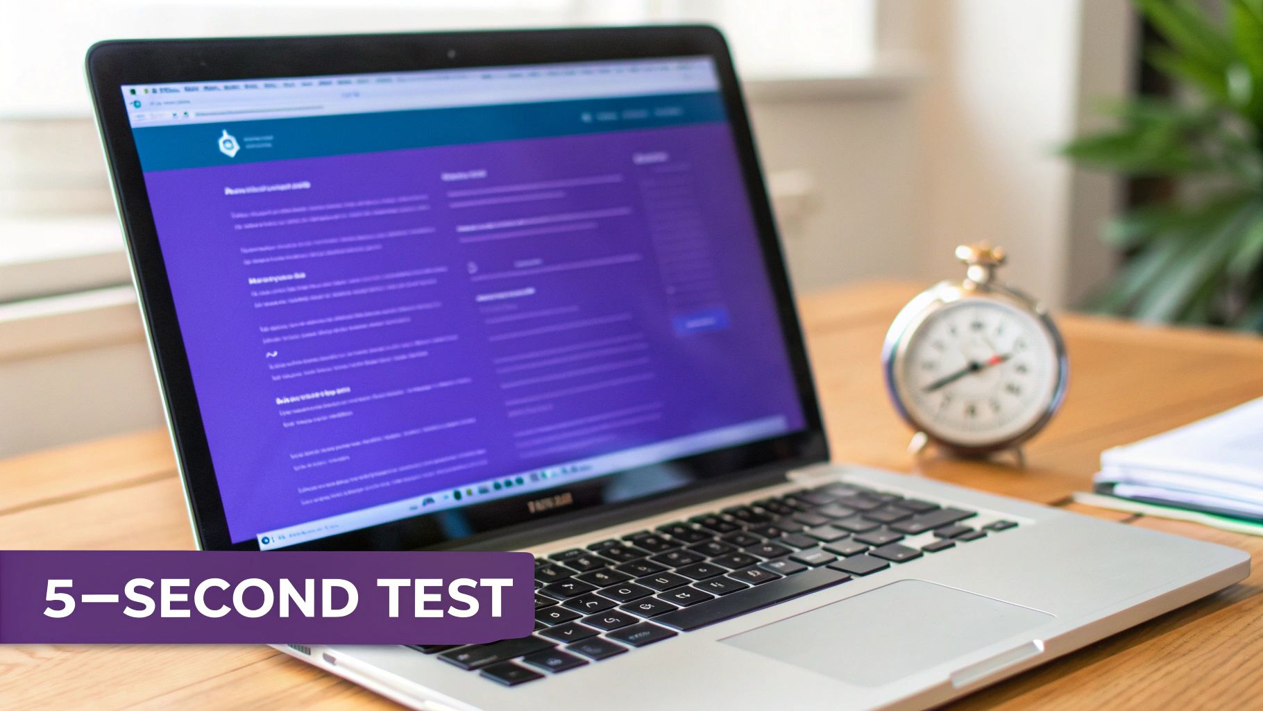 A laptop showing a purple website on a wooden desk next to an alarm clock and stack of papers.