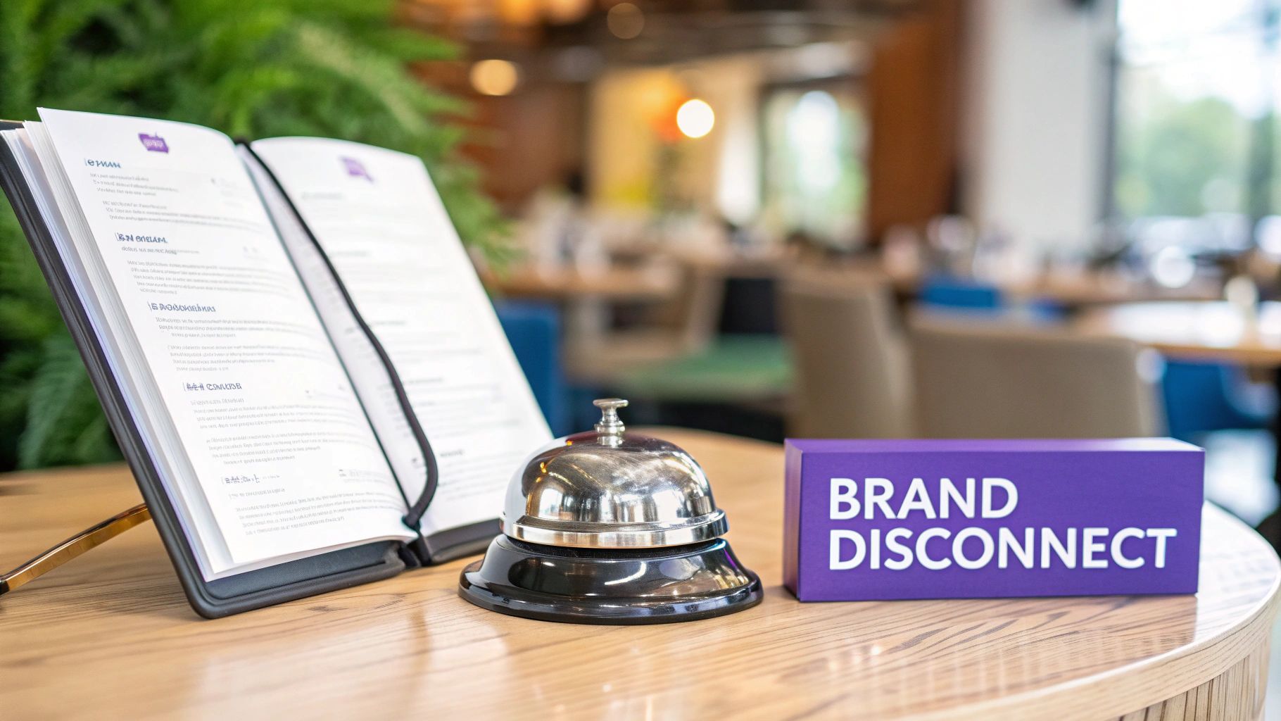 An open book, a service bell, and a purple sign saying 'BRAND DISCONNECT' on a table in a restaurant.