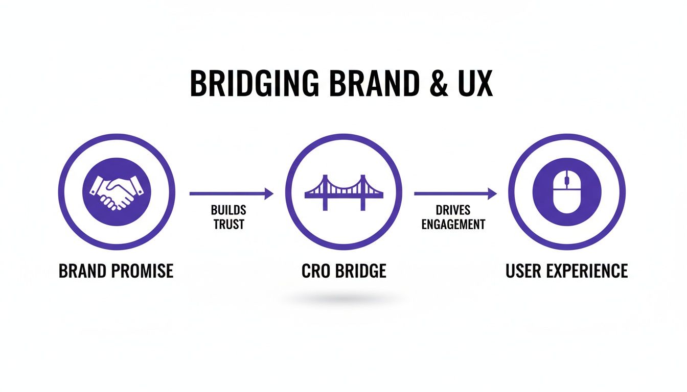 Diagram showing how brand promise builds trust through a CRO bridge, driving engagement for user experience.
