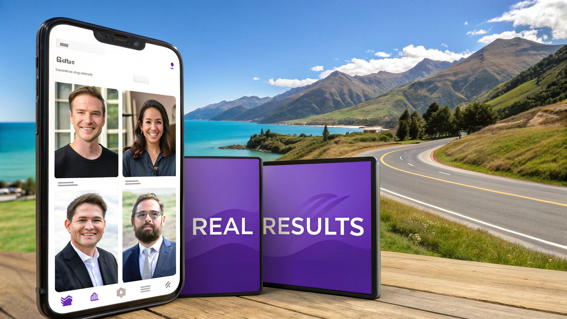 Smartphone displaying professional headshots and two tablets showing 'REAL RESULTS' on a wooden surface with a mountain lake background.