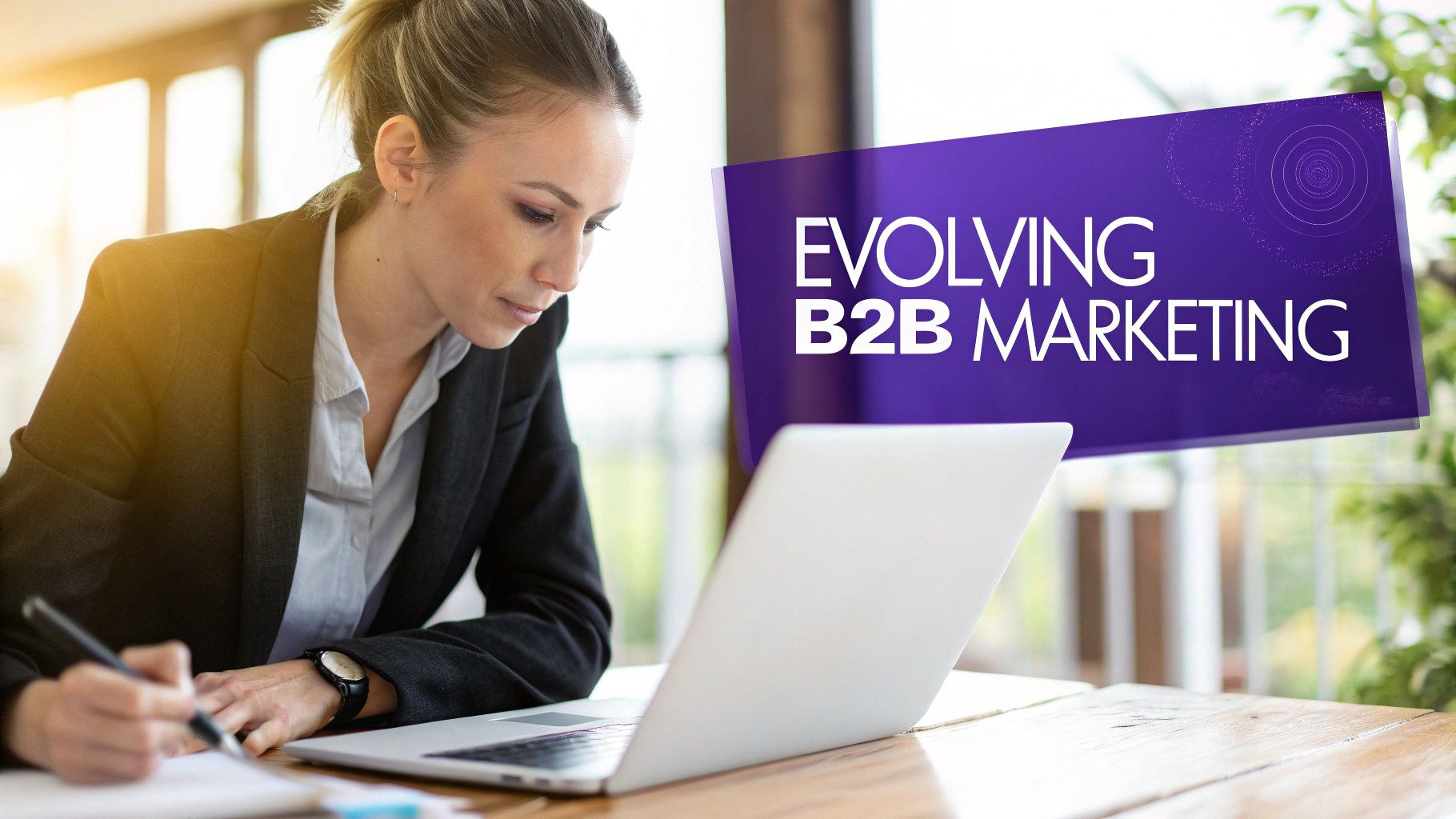 A professional woman diligently working on a laptop with an 'Evolving B2B Marketing' banner.