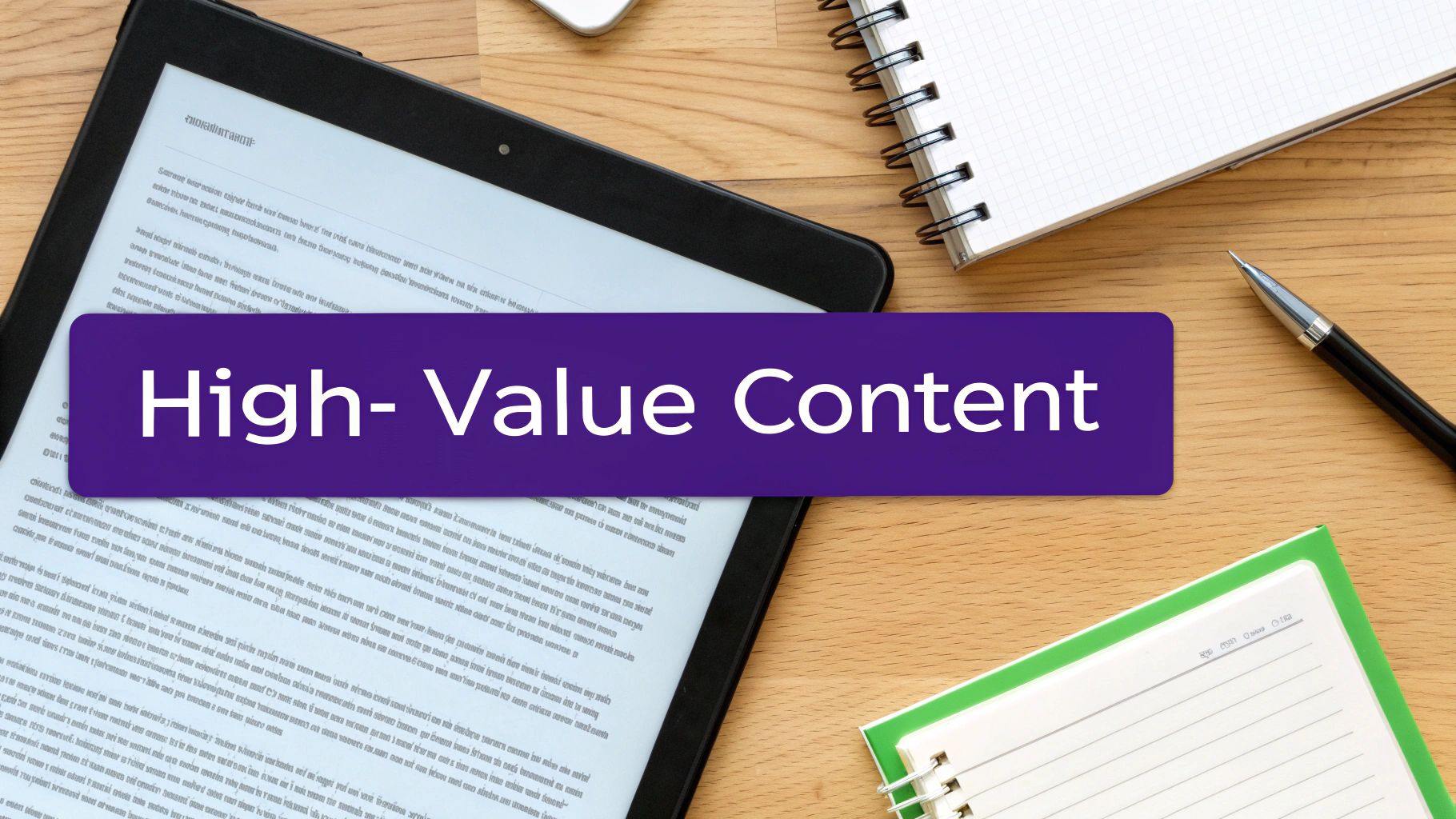 A flat lay of a wooden desk with a tablet, notebooks, and a pen. A purple banner with 'High- Value Content' overlays the center.