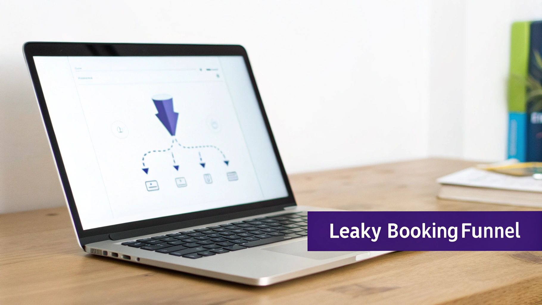 A laptop displays a booking funnel diagram with a large arrow splitting into three paths. Text: Leaky Booking Funnel.
