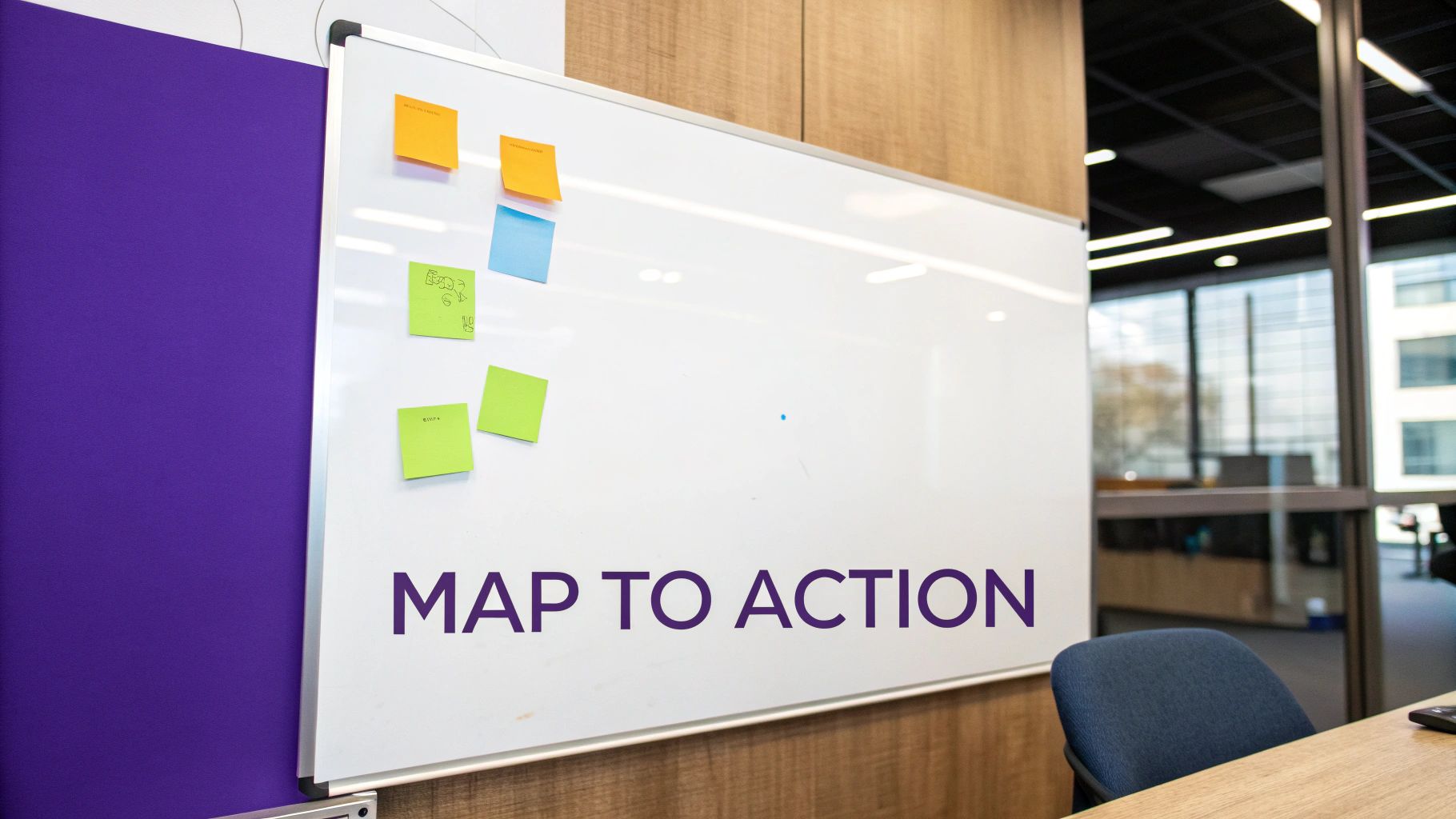 A whiteboard in an office setting with colorful sticky notes and the text 'MAP TO ACTION'.