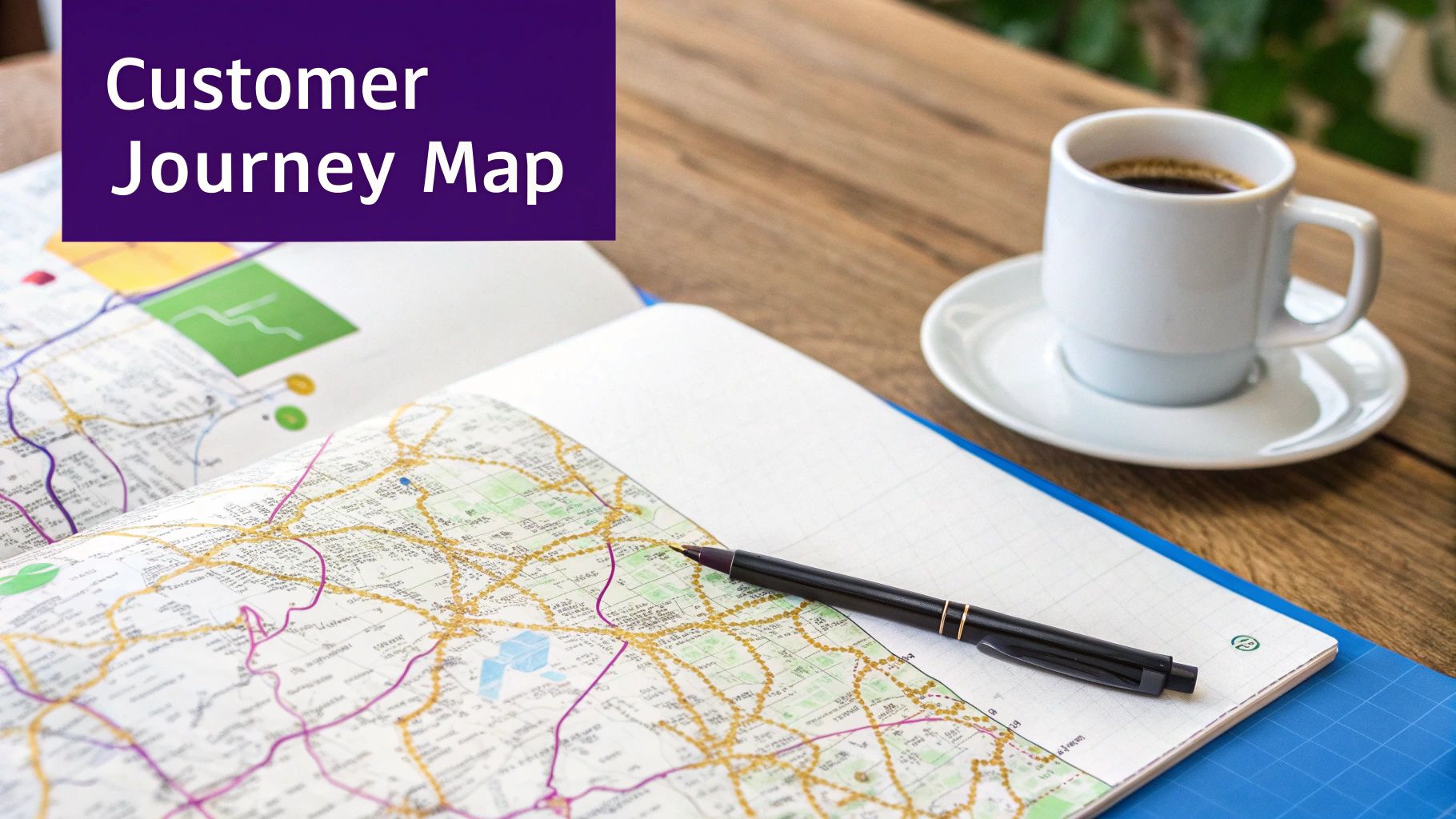 A customer journey map concept with an open paper map, pen, and coffee on a wooden desk.