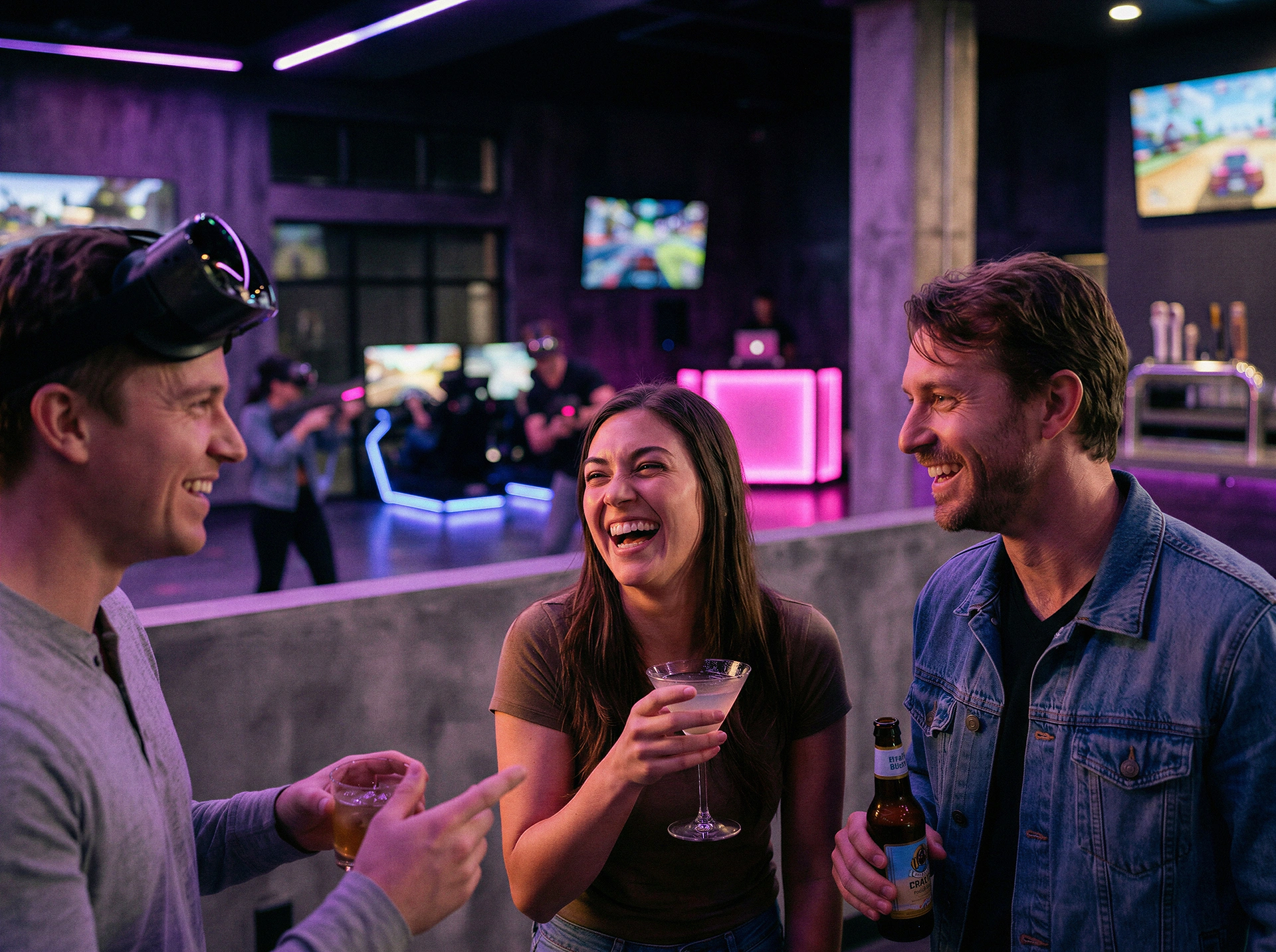 Guests enjoying drinks during grand opening event at VR arcade in Denver
