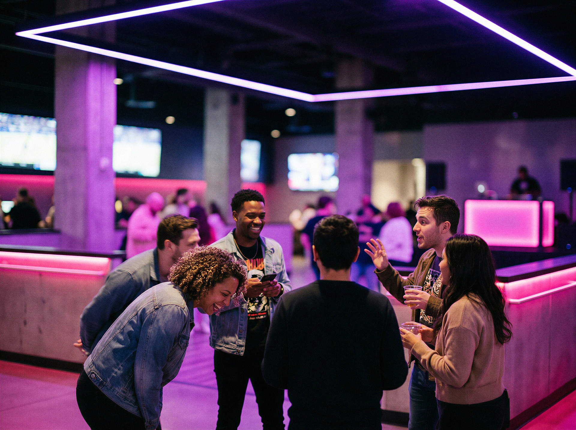 Crowd enjoying grand opening party at VR arcade entertainment venue in Denver