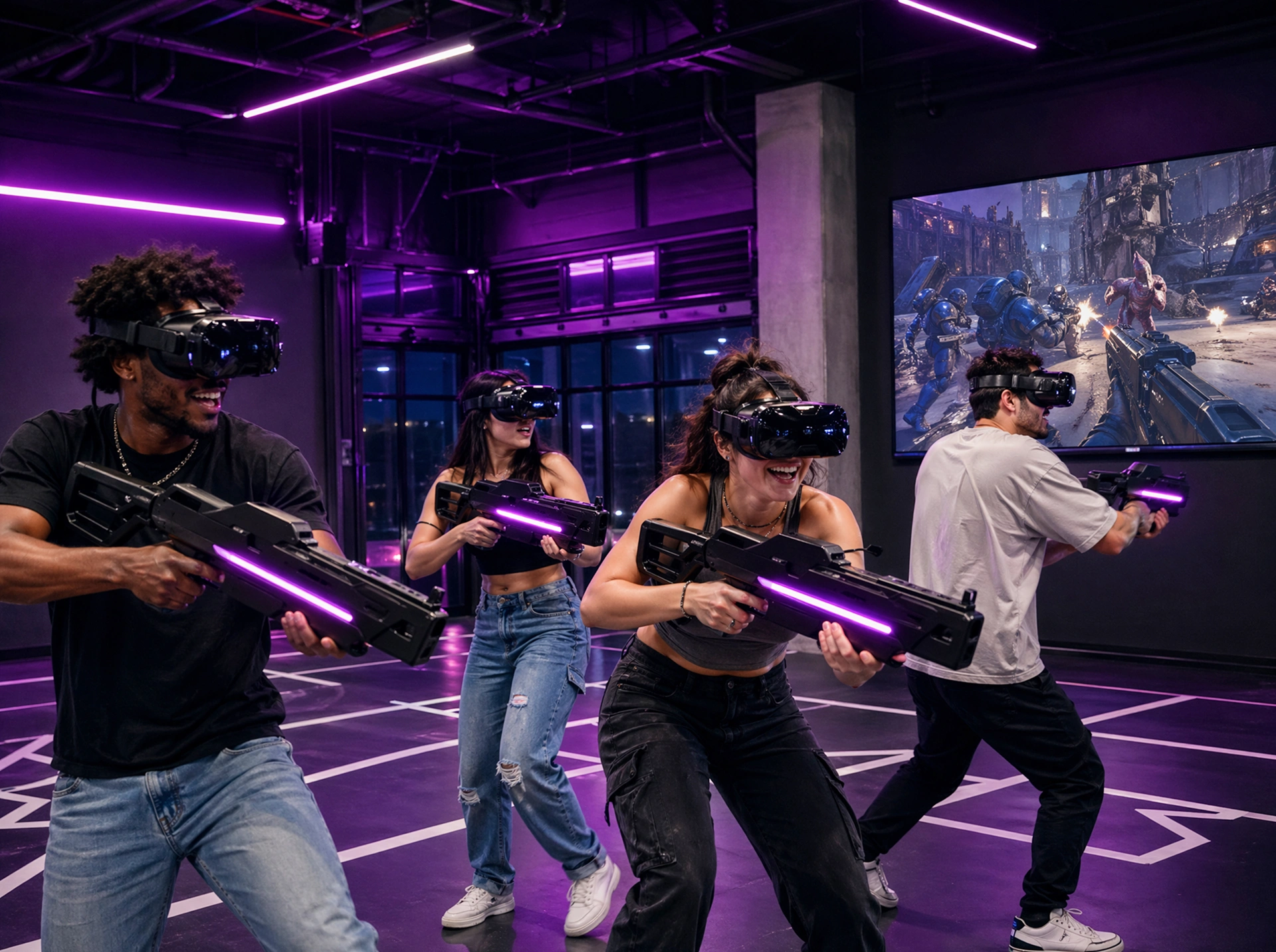 Group playing together in a free roam VR arcade experience in Denver