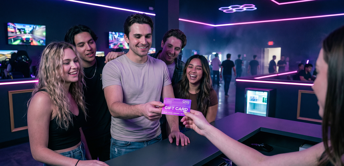 Friends celebrating with a Grid City VR gift card at the venue bar and lounge area in Westminster Colorado