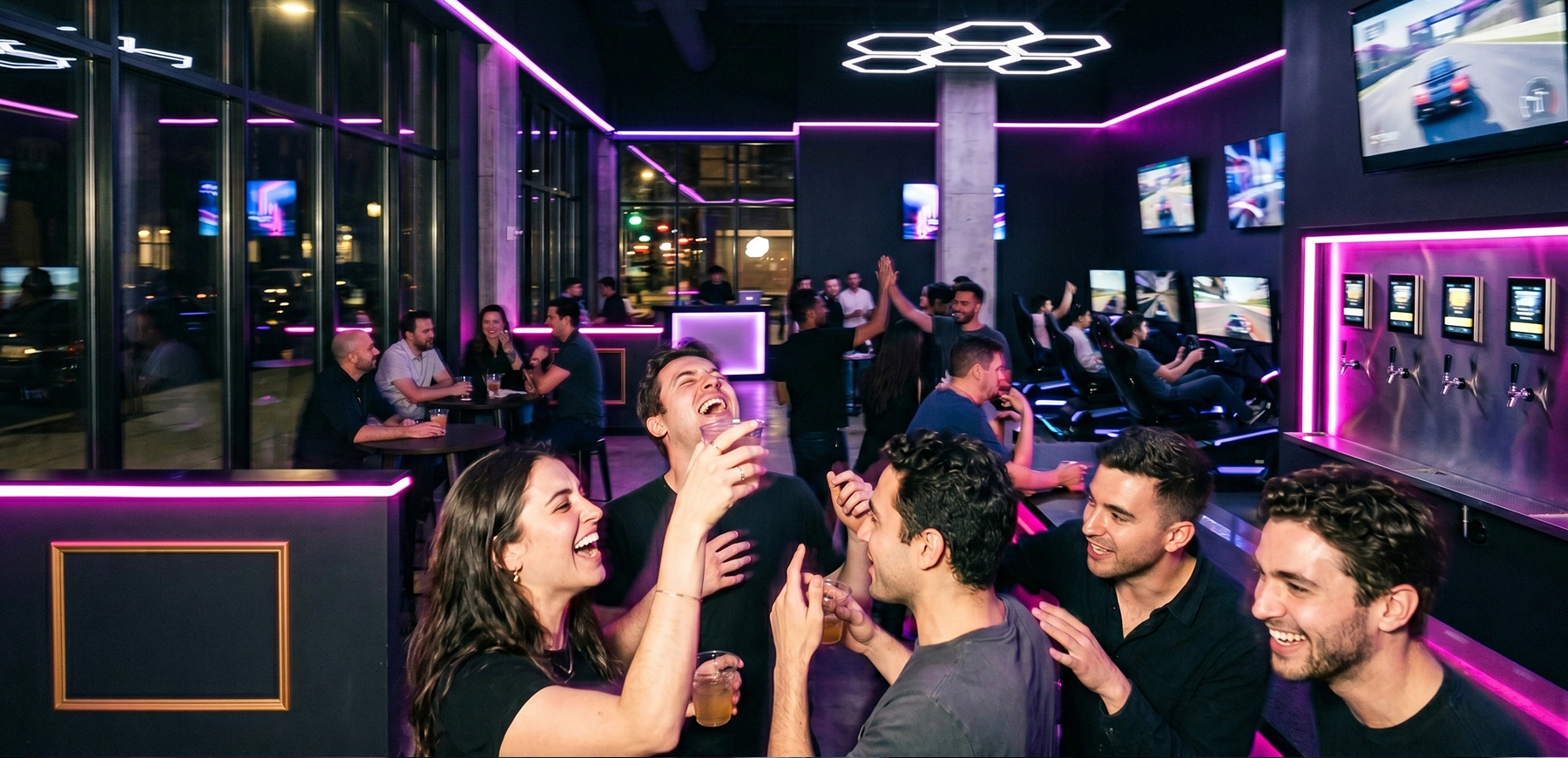 Group of friends laughing and having drinks at Grid City VR lounge bar with racing simulators and neon lights in background