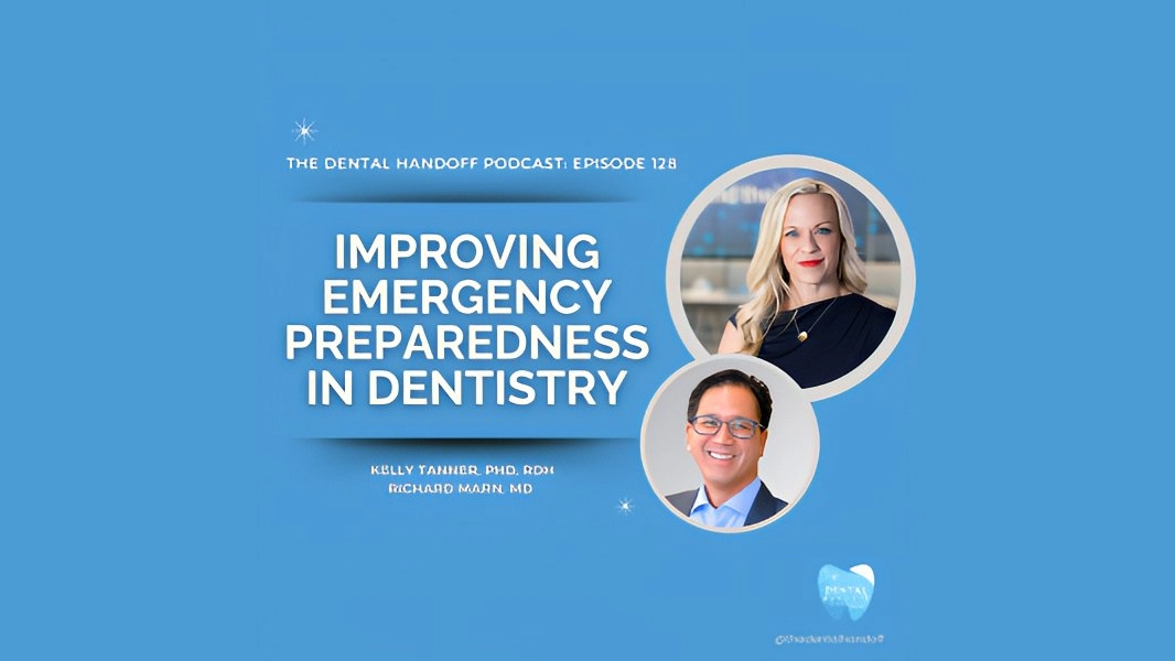 Podcast cover for "The Dental Handoff" episode on emergency preparedness in dentistry with two guest photos