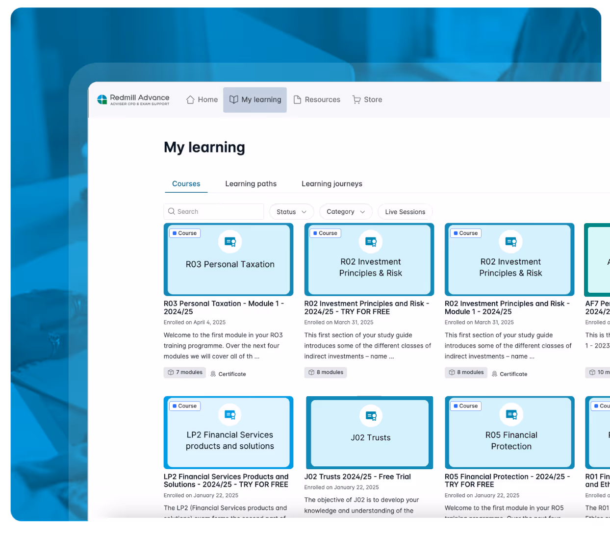 Online learning dashboard showing courses like R03 Personal Taxation, R02 Investment Principles & Risk, LP2 Financial Services, and J02 Trusts with enrolment dates and trial options.