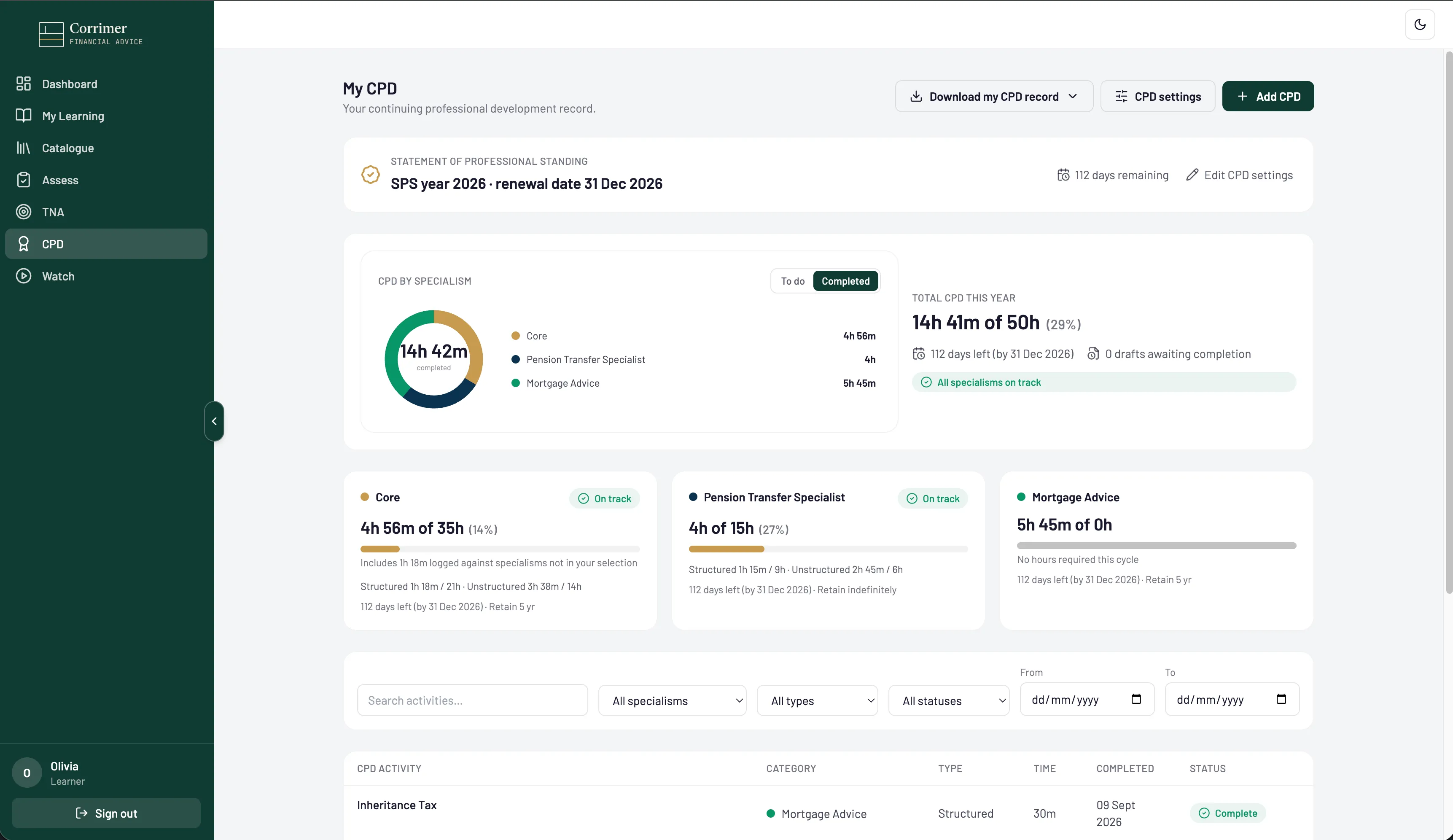 Dashboard displaying Karen Moore's CPD progress showing 36 hours 11 minutes completed out of 50 hours, with structured hours at 33 hours 11 minutes and unstructured hours at 3 hours.