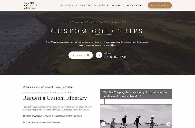 Pioneer Golf website homepage