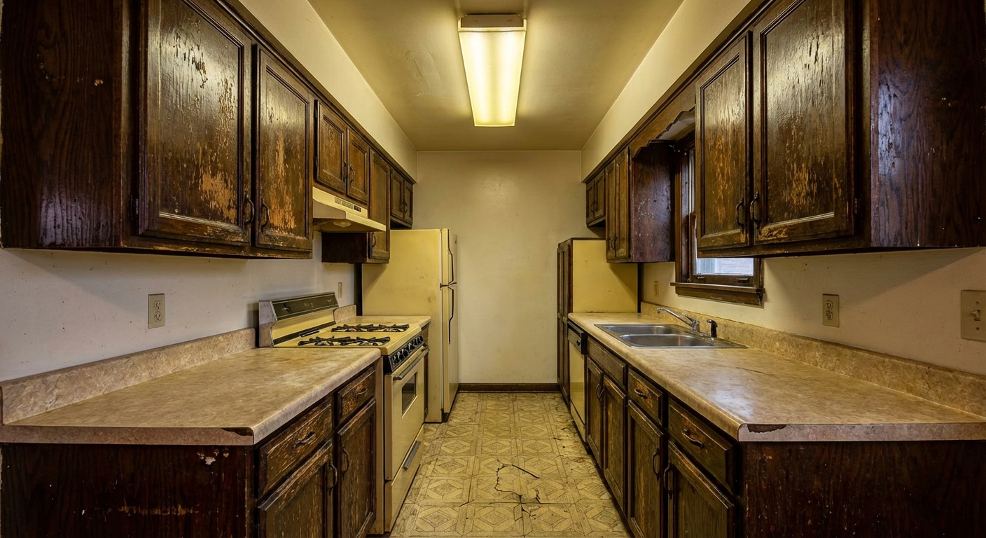 Dated 1920s bungalow kitchen before renovation showing dark oak cabinets with worn finish, laminate countertops, and cramped galley layout needing full remodel