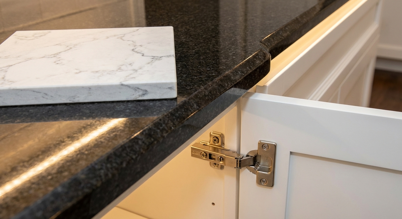 Close-up of polished granite countertop edge meeting white shaker cabinet door with quartz sample slab for comparison in a Chicago kitchen