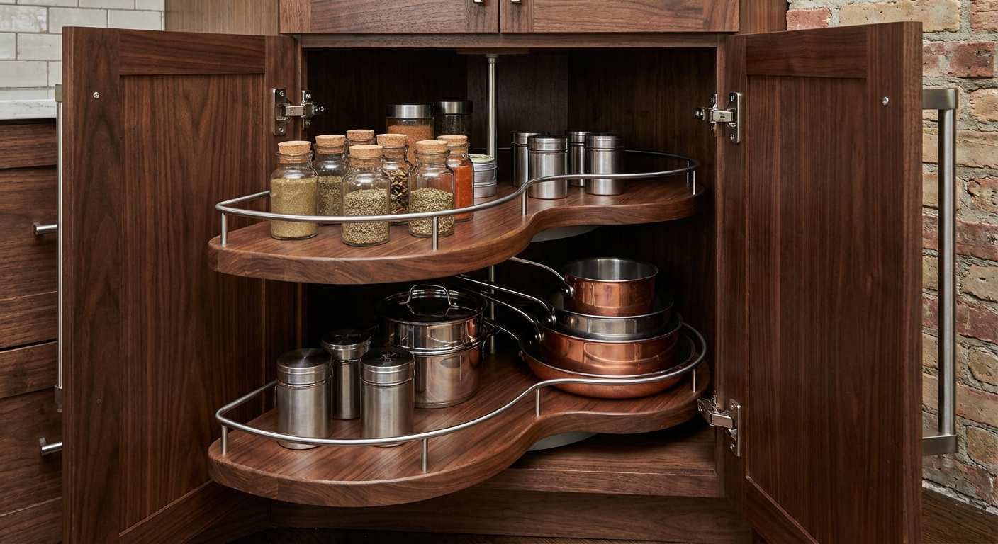 Kidney-shaped lazy susan with two rotating trays inside a walnut corner cabinet holding spices and cookware in a Chicago brownstone kitchen
