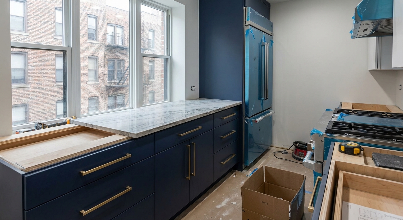 Newly installed navy blue lower kitchen cabinets with Blum soft-close hardware and quartz countertop in a renovated Chicago kitchen