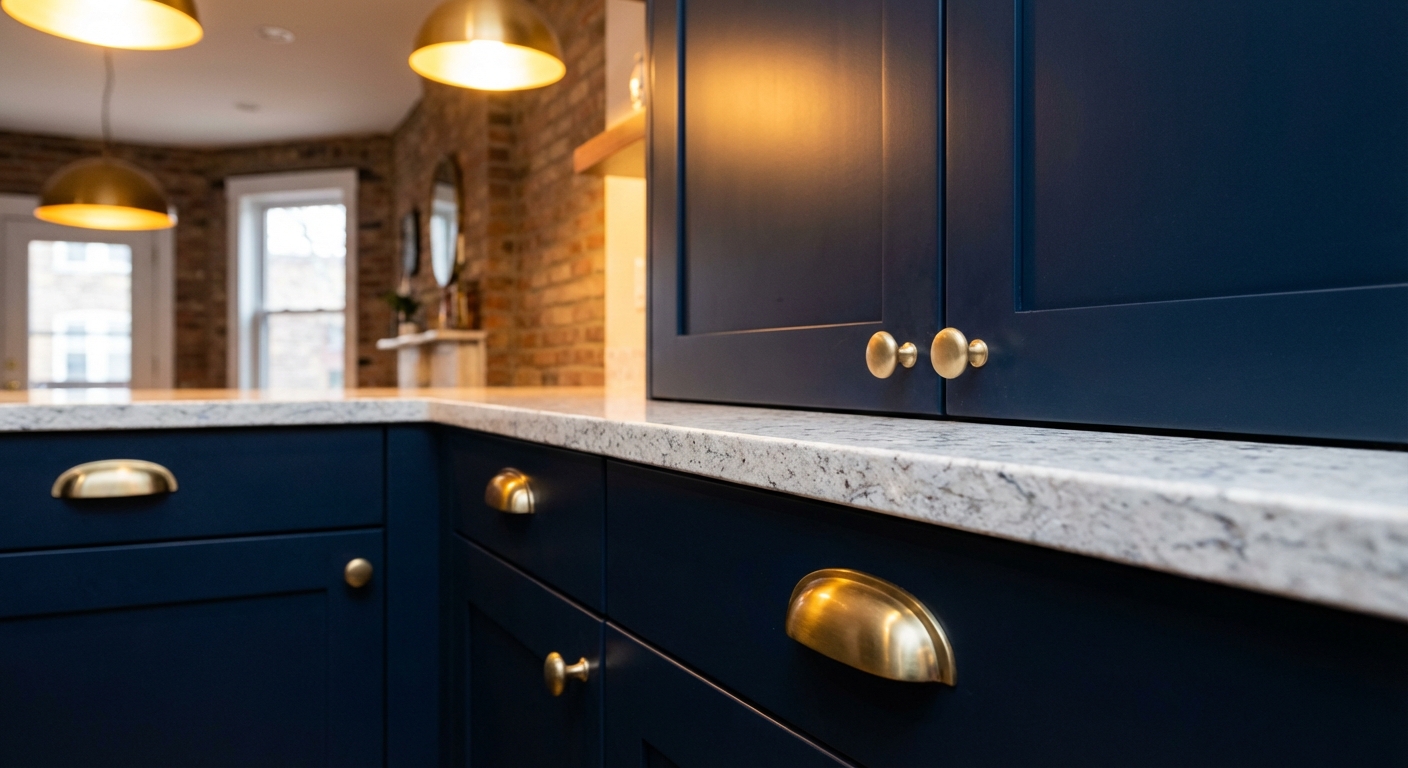 Navy blue custom cabinets with Blum hardware paired with polished quartz countertop in a Chicago greystone kitchen renovation