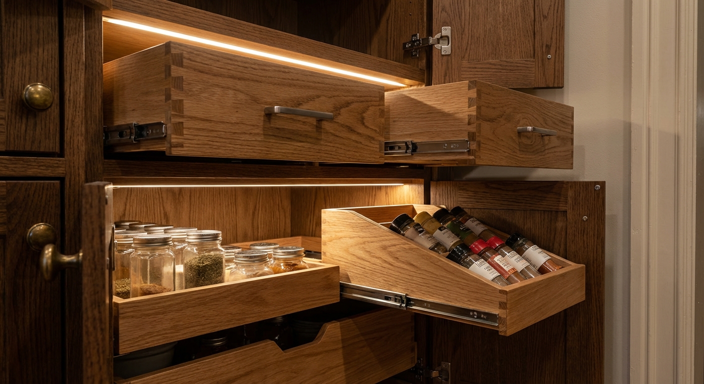 Custom cabinet interior with Blum soft-close hardware and pull-out organizers installed during Chicago two-flat kitchen renovation