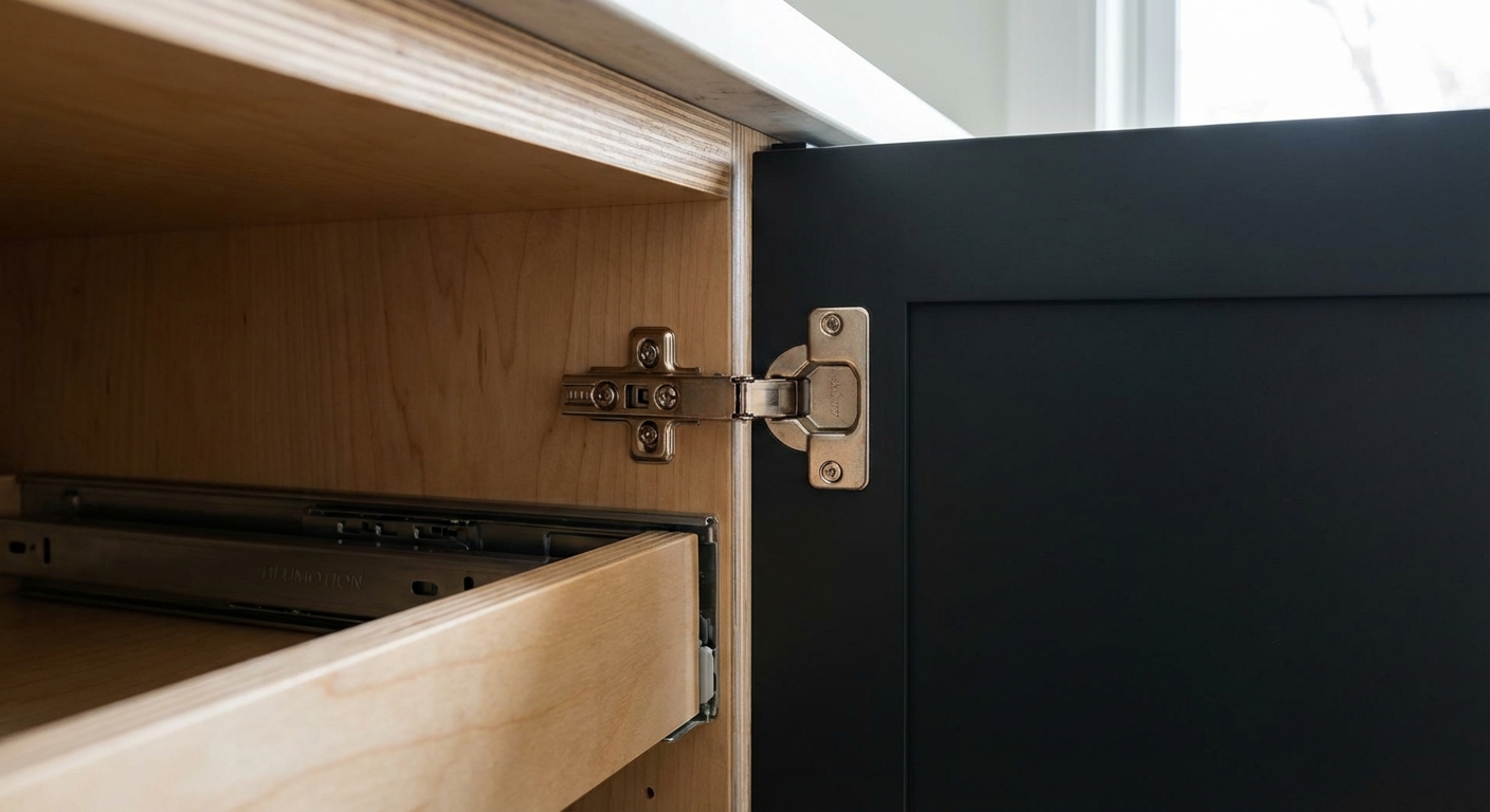 Frameless European-style cabinet close-up showing Blum concealed hinges and full-overlay door in Chicago greystone kitchen