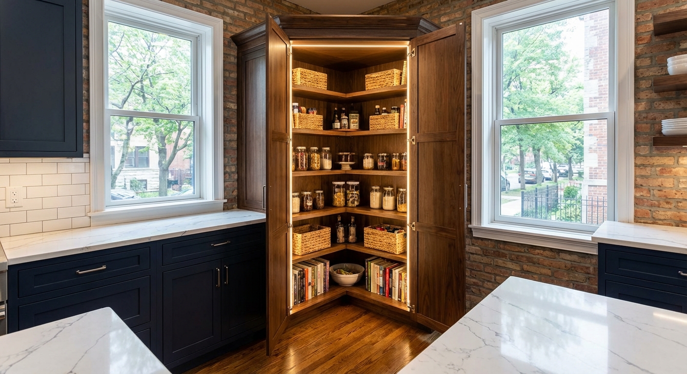 Built-in corner pantry cabinet with interior lighting and adjustable shelves in a compact Chicago condo kitchen
