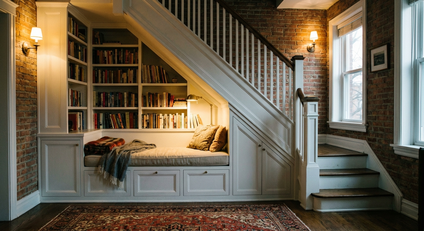 Under-stair built-in bookshelves with hidden storage cabinets and reading nook in Chicago two-flat living room
