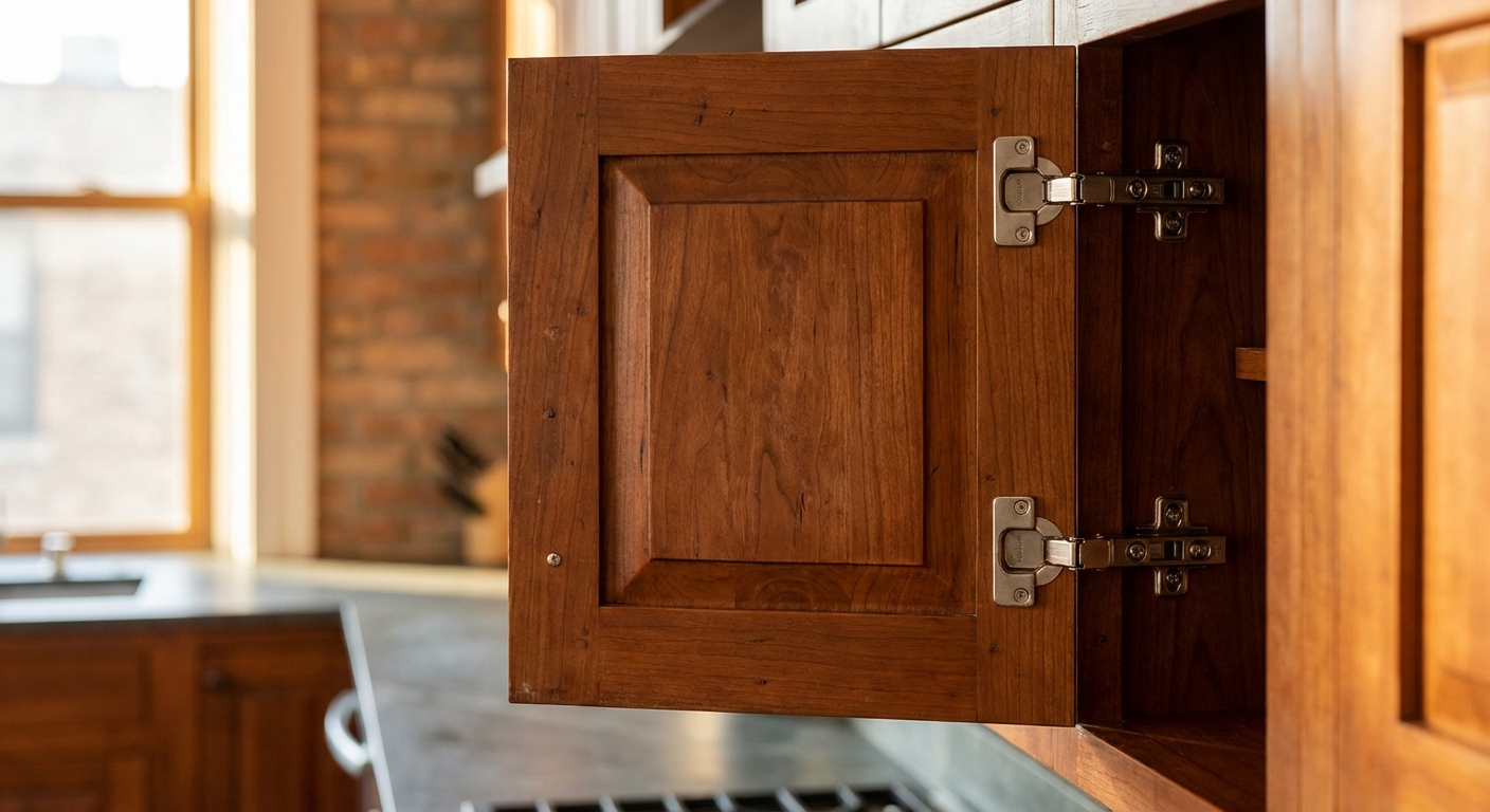 Cherry wood kitchen cabinet doors with Blum hinges installed in a renovated Chicago greystone showing natural patina development