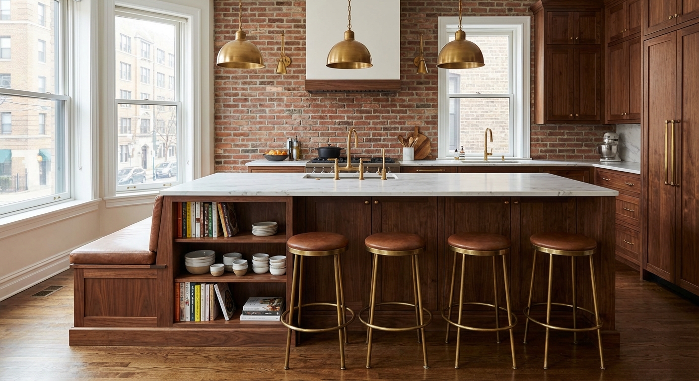 Walnut kitchen island with open shelving and integrated seating in a renovated Chicago greystone kitchen with exposed brick