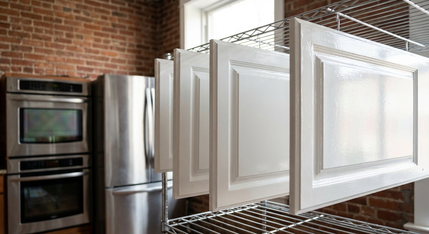 Freshly painted white kitchen cabinet doors drying during cabinet refinishing project in a Chicago greystone home