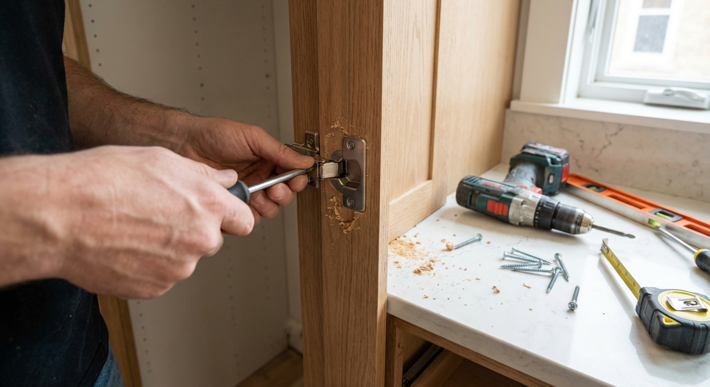 Professional installing Blum soft-close hardware during a Chicago kitchen cabinet replacement project
