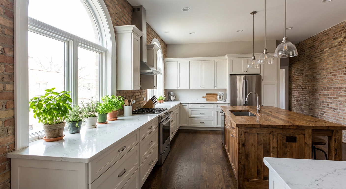 Chicago greystone kitchen featuring custom cabinets with low-VOC eco-friendly matte white finish and quartz countertops