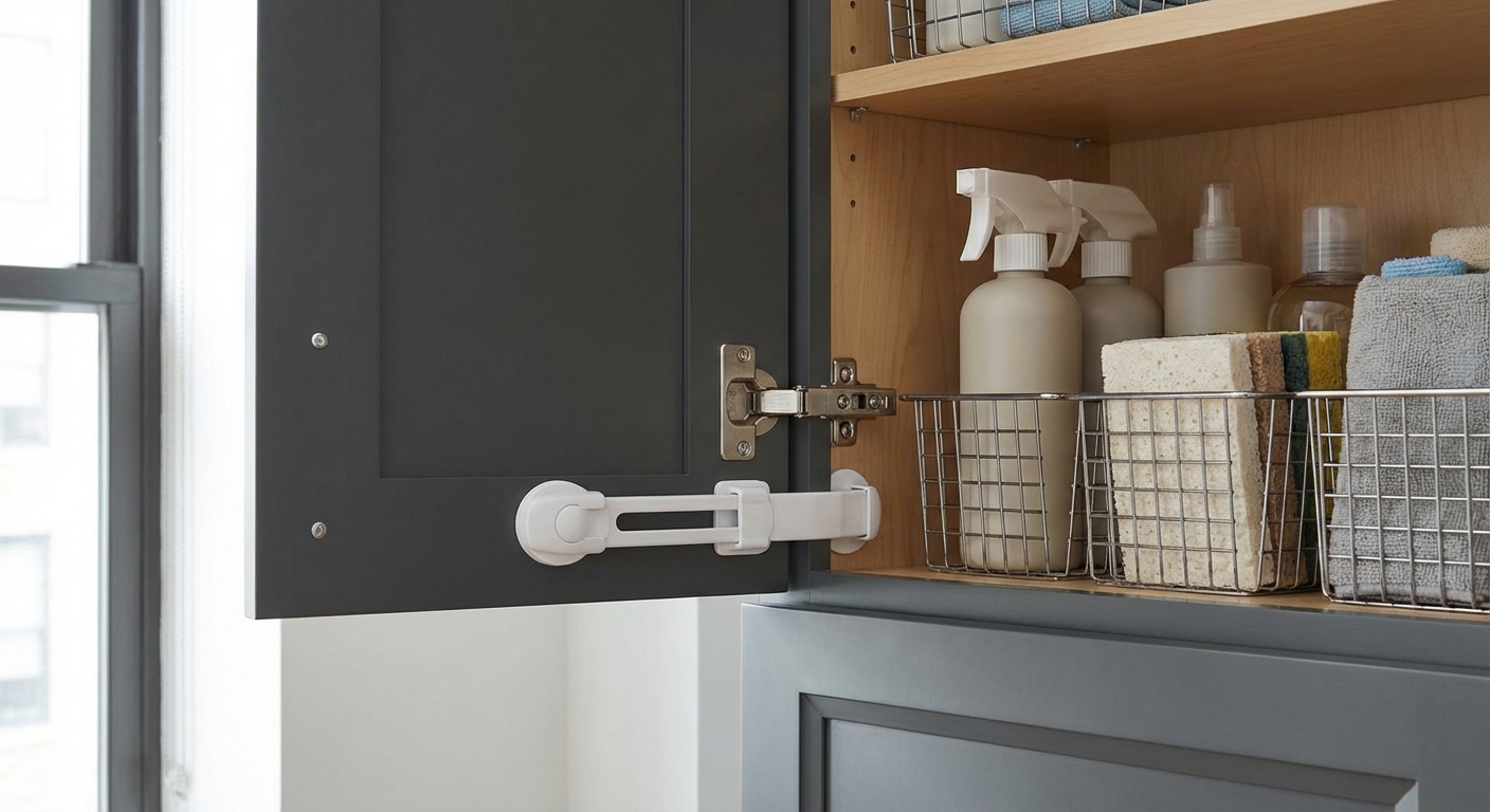 Interior view of childproof cabinet with safety latch and soft-close Blum hinges storing cleaning supplies safely out of reach in Chicago kitchen