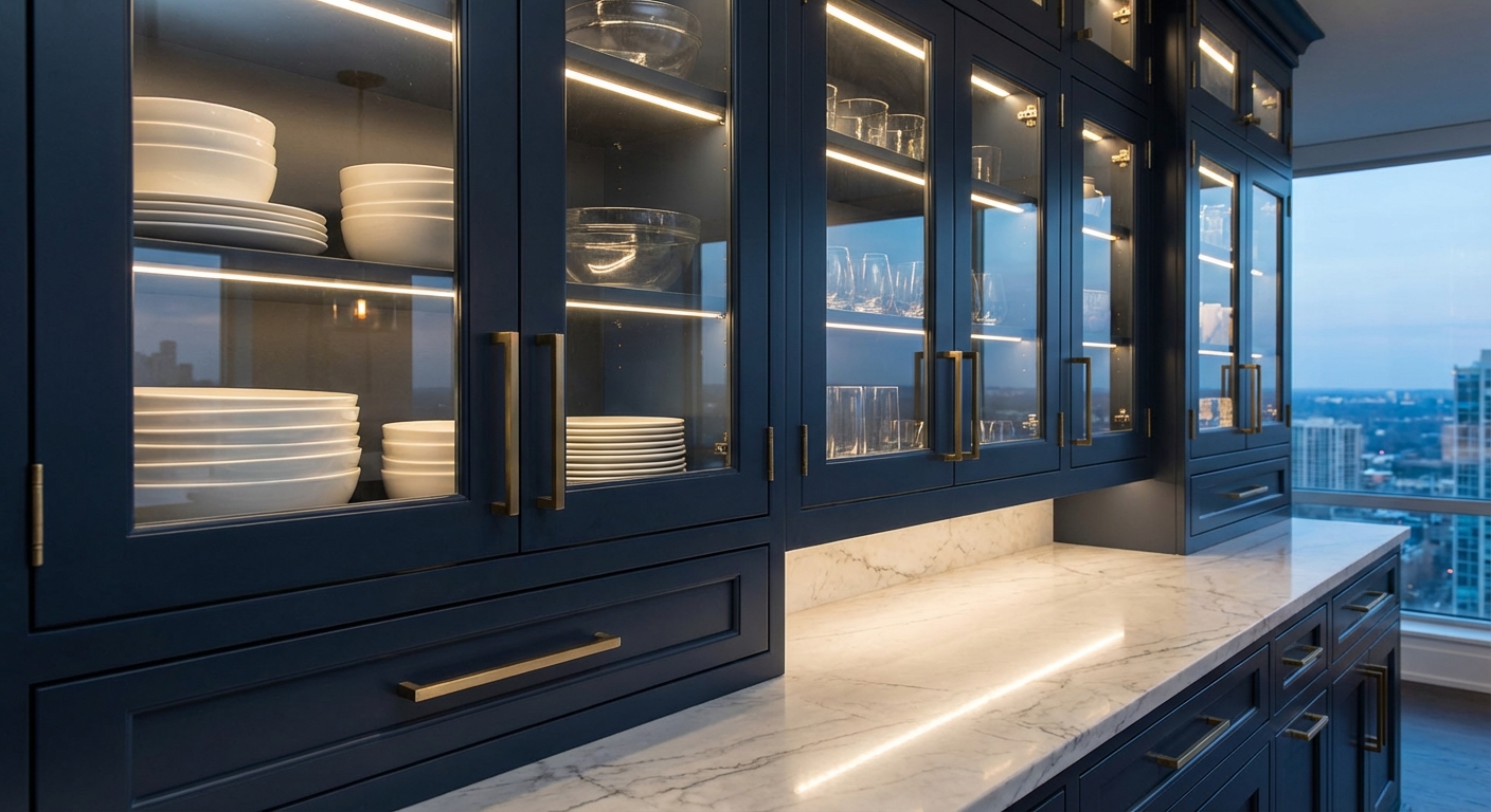 In-cabinet LED strip lighting inside glass-front navy cabinets in a Chicago condo kitchen with brass hardware accents
